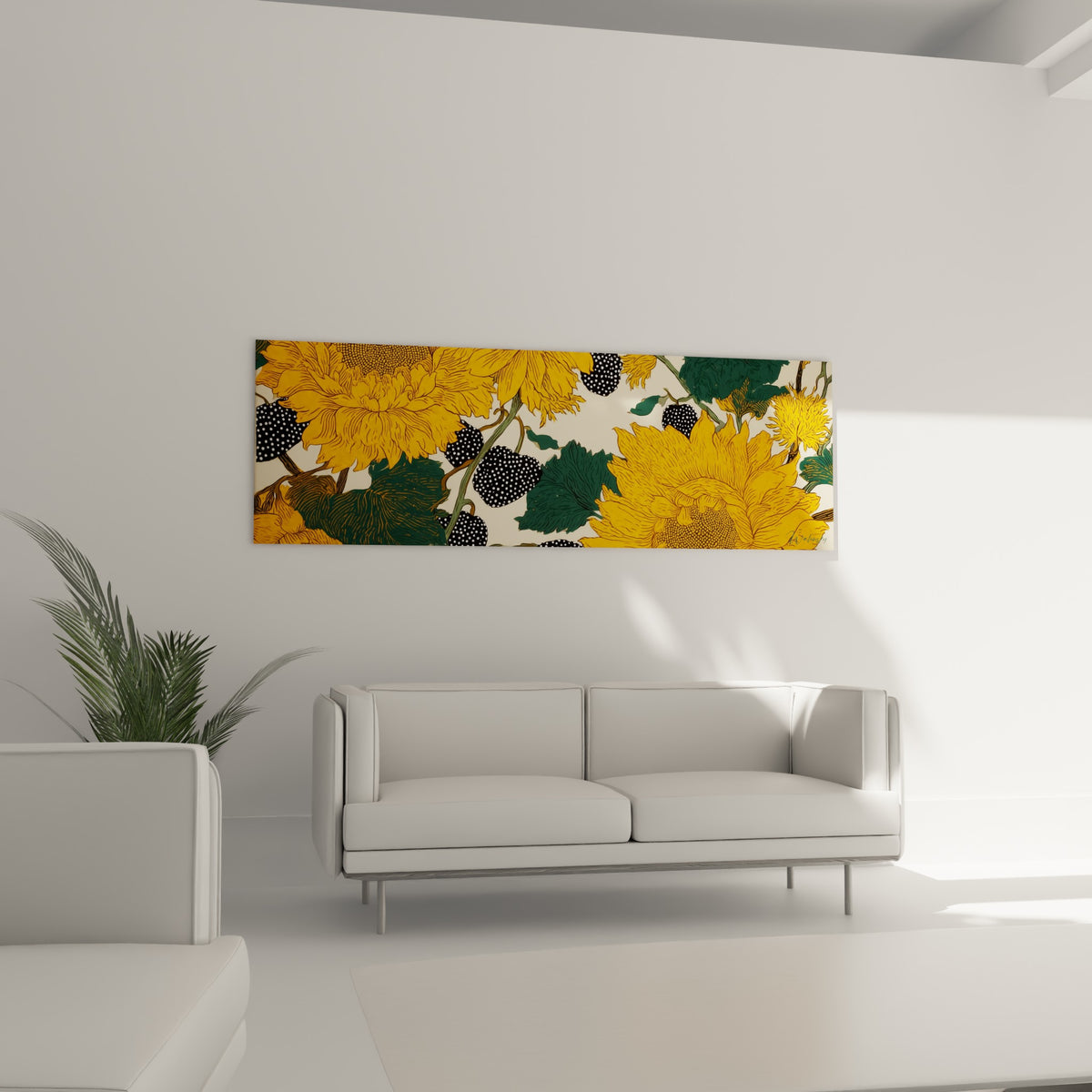 Motif de tournesols jaunes et baies à pois noirs surplombant un canapé dans un salon lumineux