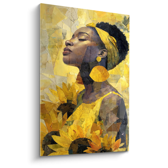Tableau Femme profil doré fond ocre tournesols - Souffle de lumière - Edition Tournesol