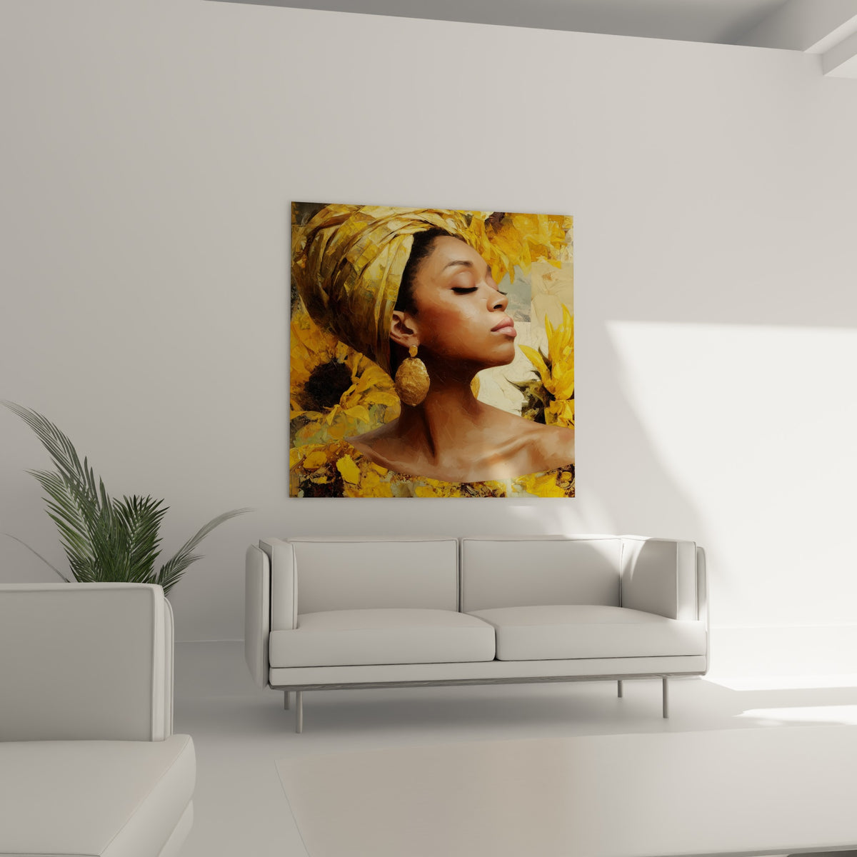 Portrait ocre et doré d'une femme parmi les pétales de tournesol, au-dessus d'un canapé dans un salon lumineux