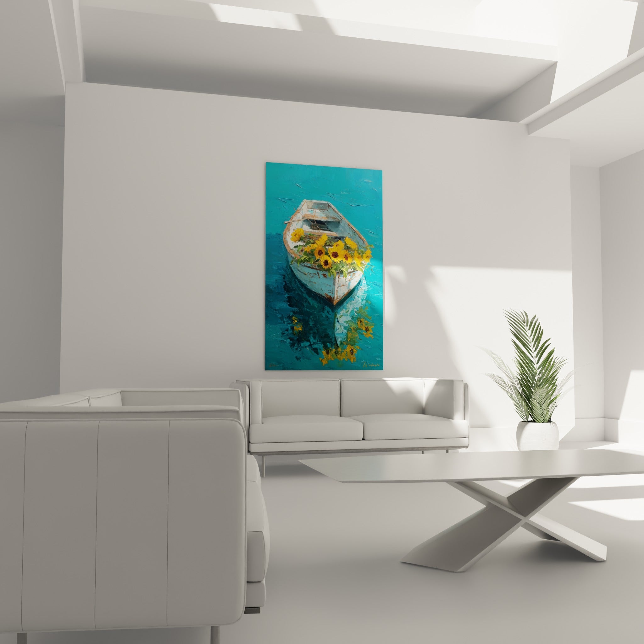 Fleurs dorées et coque blanche reflétées dans l'eau bleu marine, au-dessus d'un canapé dans un salon lumineux