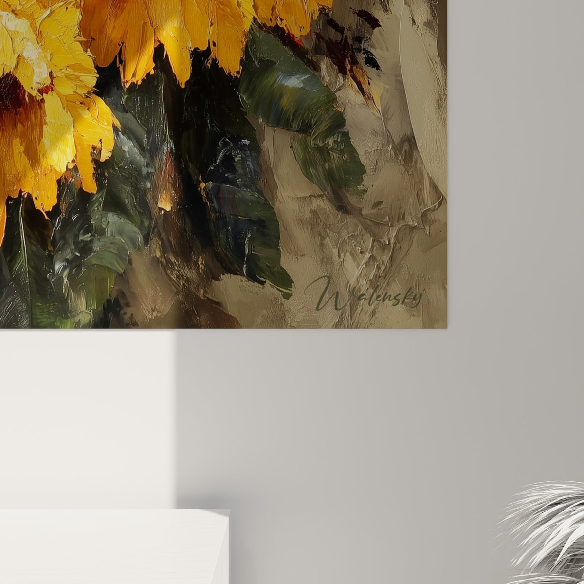 Empâtements épais de peinture jaune et brune formant les pétales et cœurs des tournesols en relief