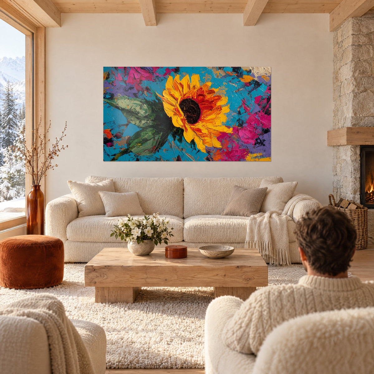 Schilderij zonnebloem in zonnig geel met bruin hart, turquoise en fuchsia achtergrond, boven een bank in een lichte woonkamer