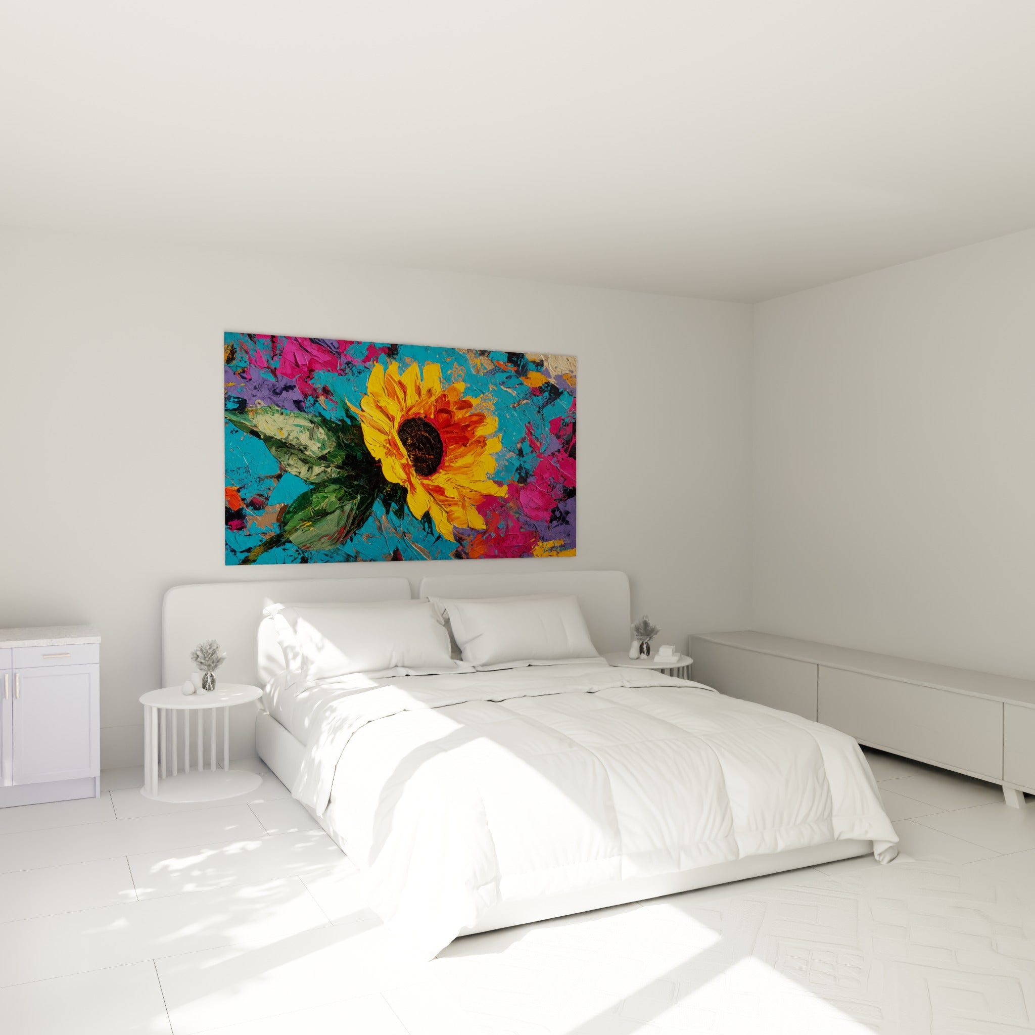 Fleur de tournesol texturée jaune et turquoise accrochée au-dessus d'un lit dans une chambre claire