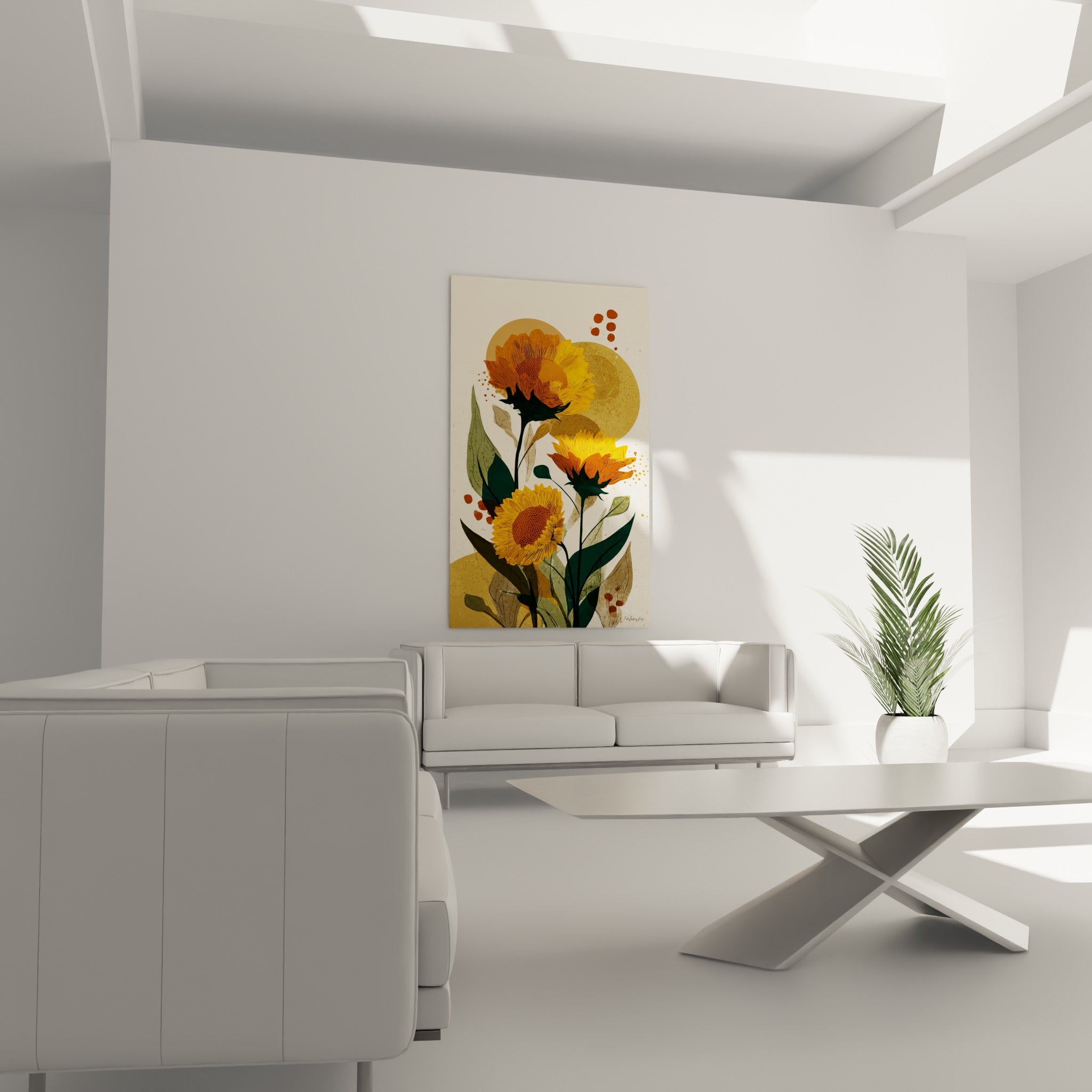 Fleurs de tournesol jaune vif et brun rouille, disposées au-dessus d'un canapé dans un salon lumineux
