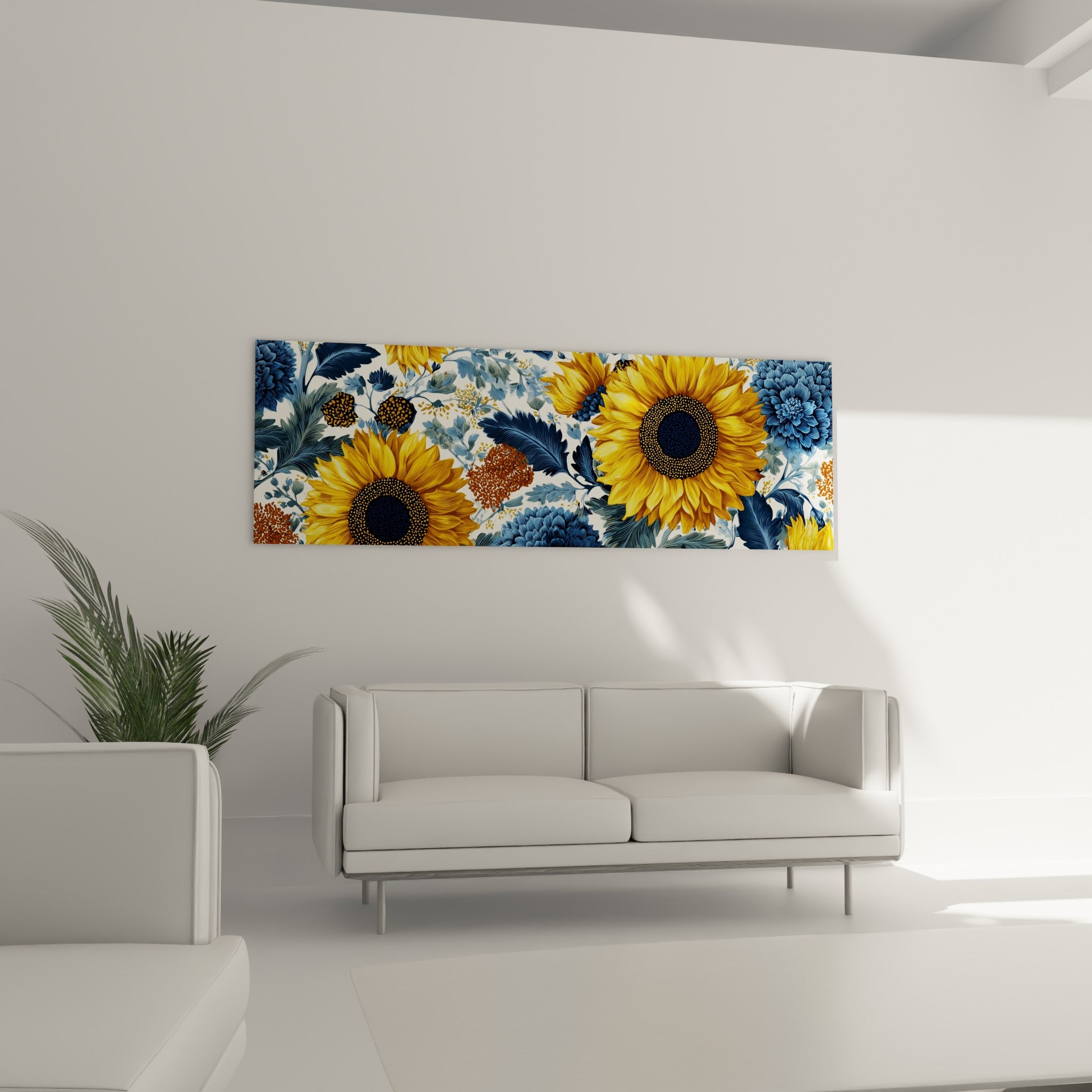 Fleurs de tournesol dorées et chrysanthèmes bleu marine au-dessus d'un canapé dans un salon lumineux