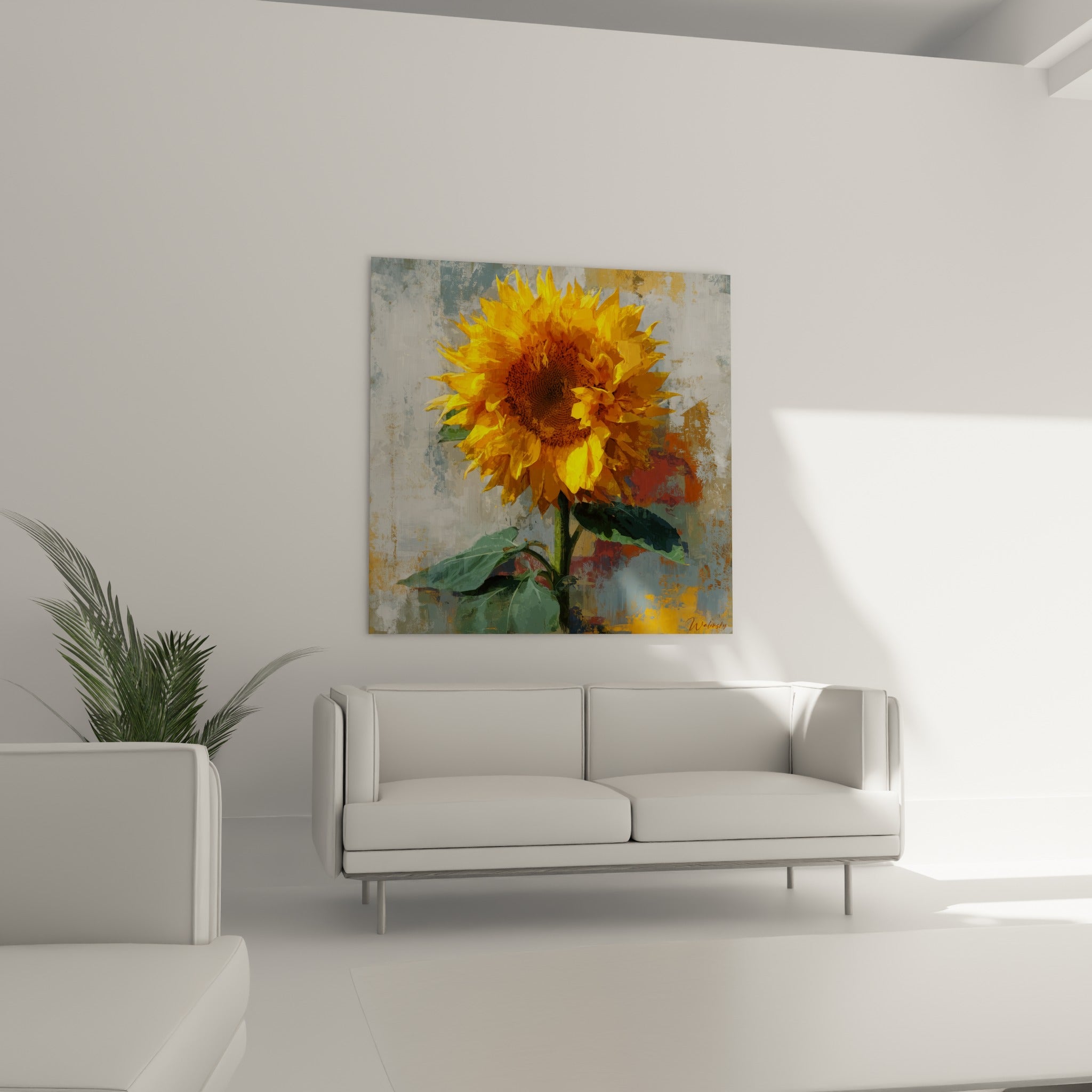 Pétales dorés et cœur brun du tournesol accrochés au-dessus d'un canapé dans un salon lumineux