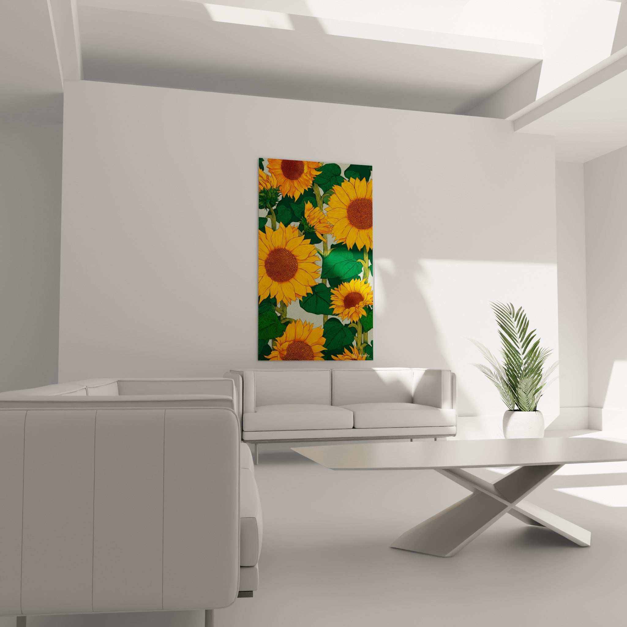Fleurs de tournesol dorées aux tiges olive disposées au-dessus d'un canapé dans un salon lumineux