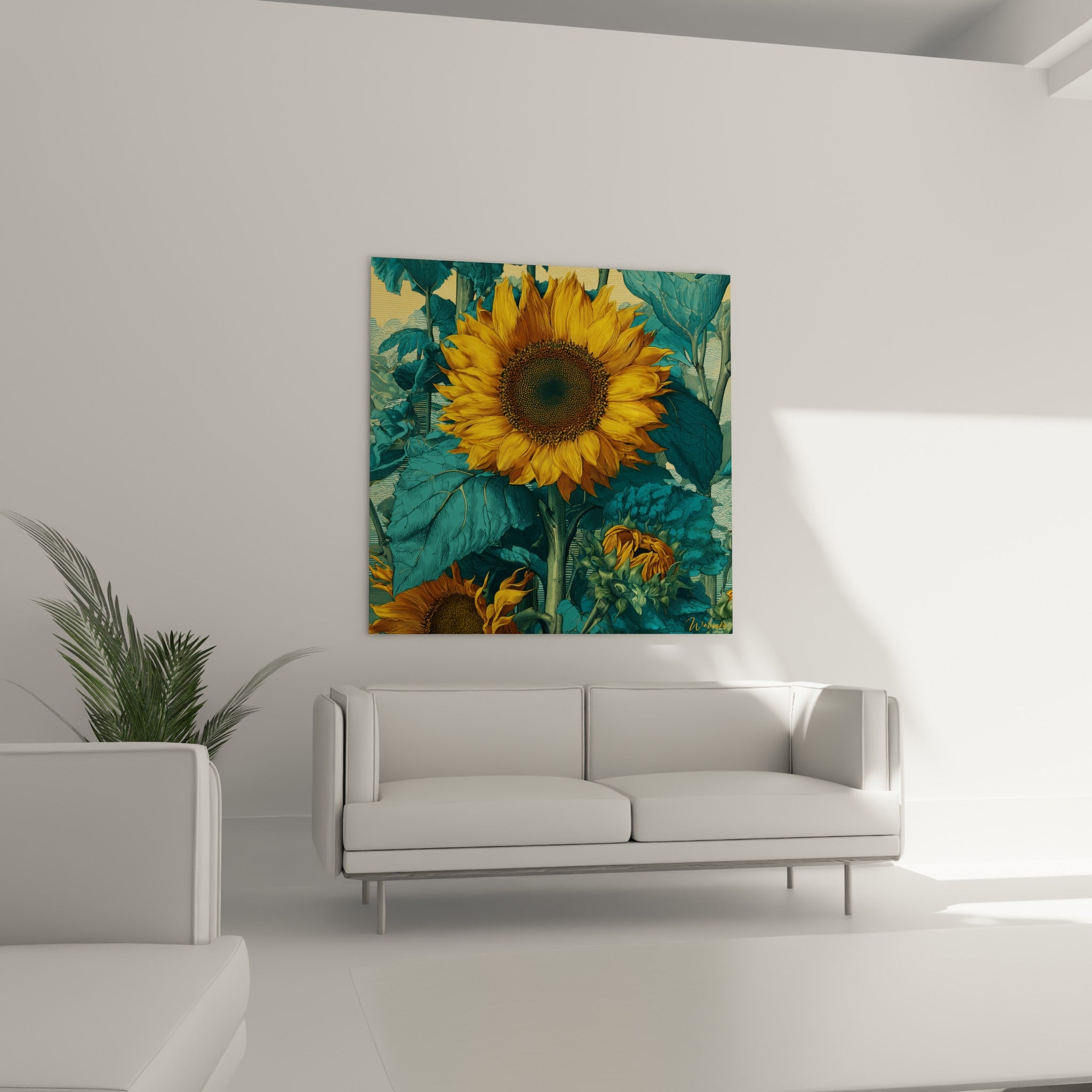 Tournesol ocre et vert sarcelle affiché au-dessus d'un canapé dans un salon lumineux