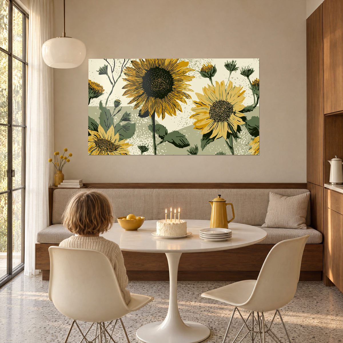 Schilderij met grote zomerse bloemen in honinggeel en gitzwart, crème achtergrond, in een eetkamer naast een verjaardagstaart