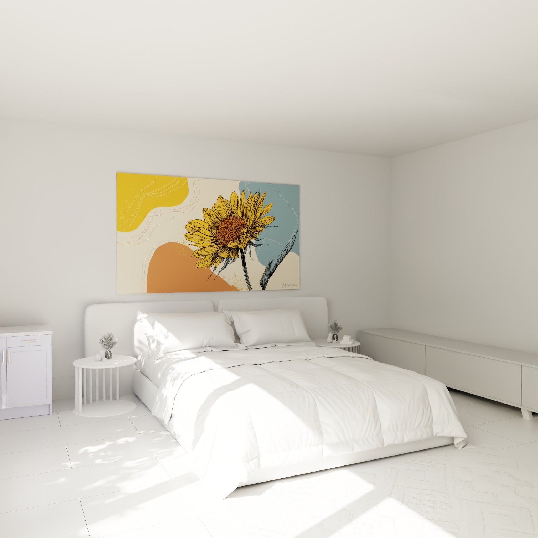 Fleur solaire ocre et terracotta accrochée au-dessus d'un lit dans une chambre claire