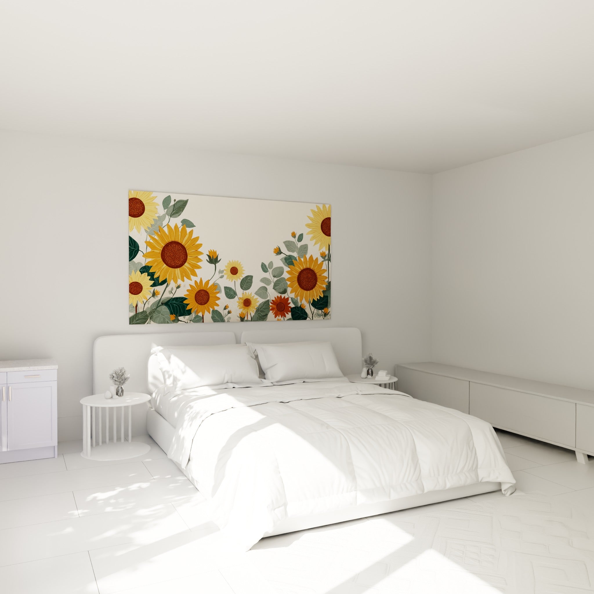 Bouquet de tournesols ocre et terracotta au-dessus d'un lit dans une chambre claire