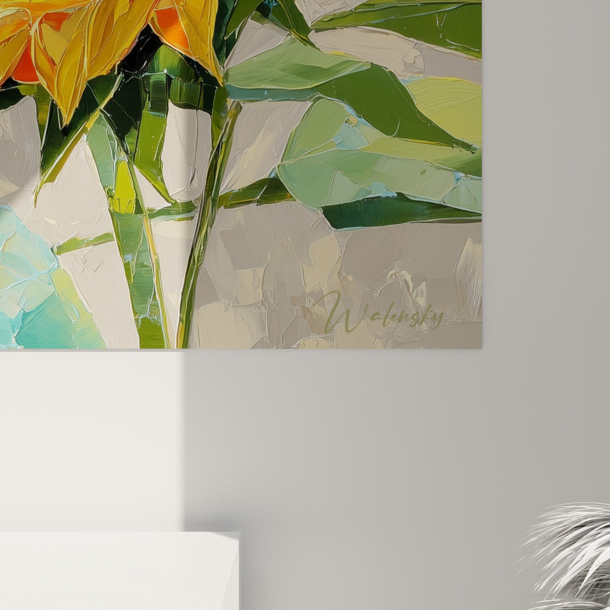 Empâtements de peinture jaune et orangé, coulures de bleu anthracite visibles en gros plan sur la toile