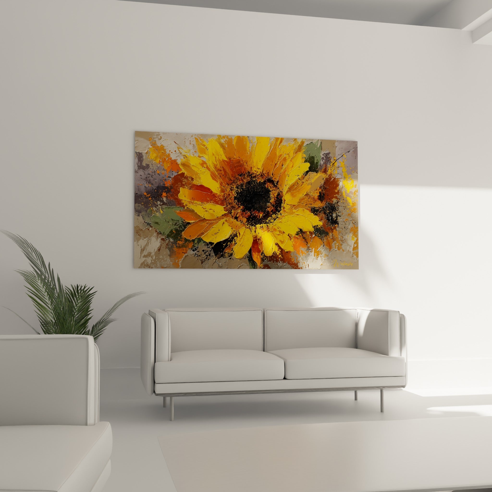 Pétales de tournesol jaune vif et cœur brun-noir peints au couteau au-dessus d'un canapé dans un salon lumineux