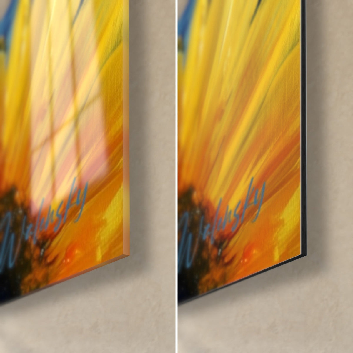 Wall art golden sunflower field, bottom right corner: glossy acrylic glass with reflections on the left, matte black Dibond aluminum on the right, 3 mm edge
