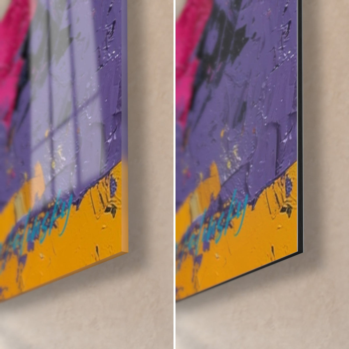 Schilderij bloem met paletmes, gele en paarse hoek rechtsonder, glanzend glas links, mat Dibond rechts, 3 mm rand