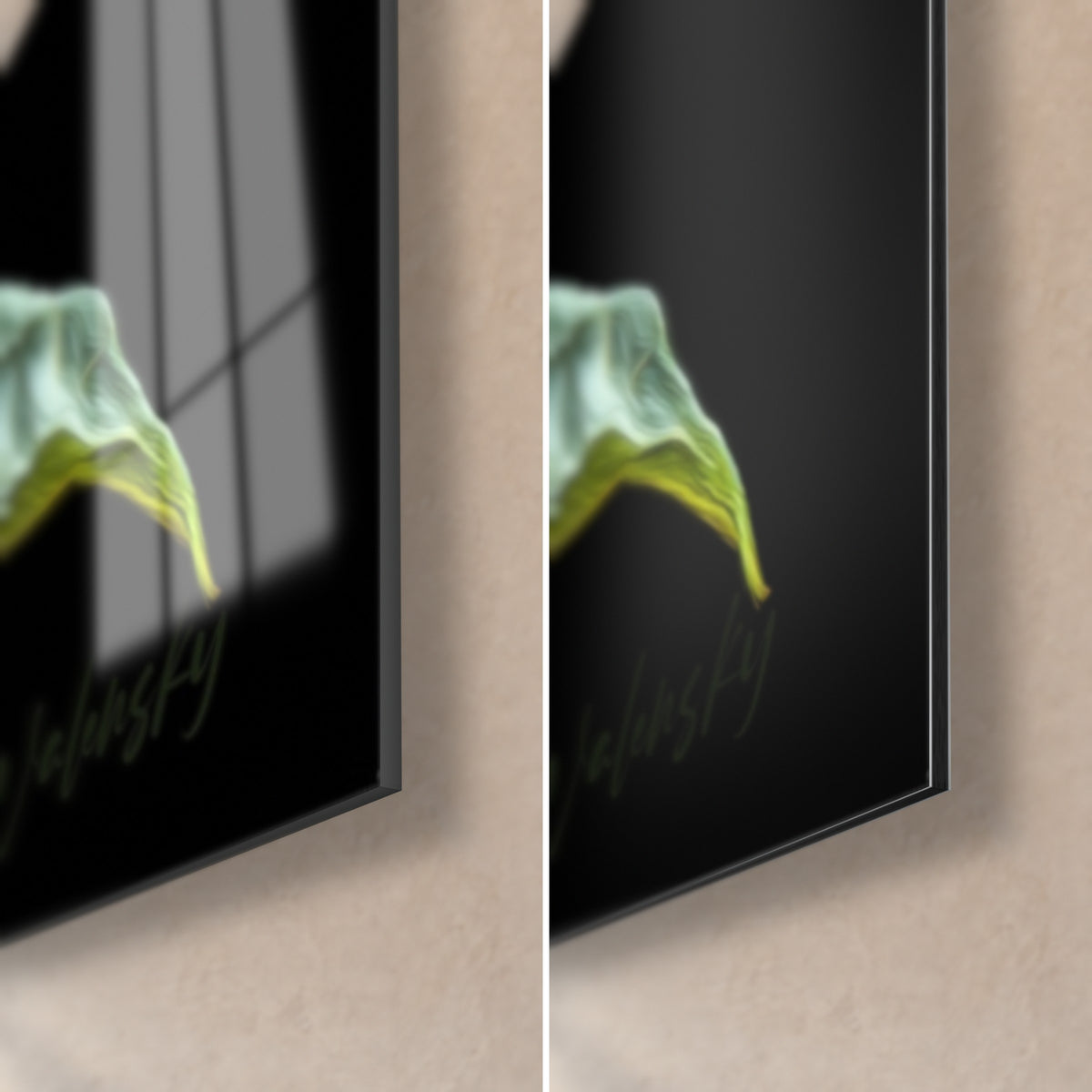 Schilderij oranje zonnebloem, rechtsonder: glanzend glas dat het raam weerspiegelt, mat zwart Dibond-aluminium en 3 mm rand