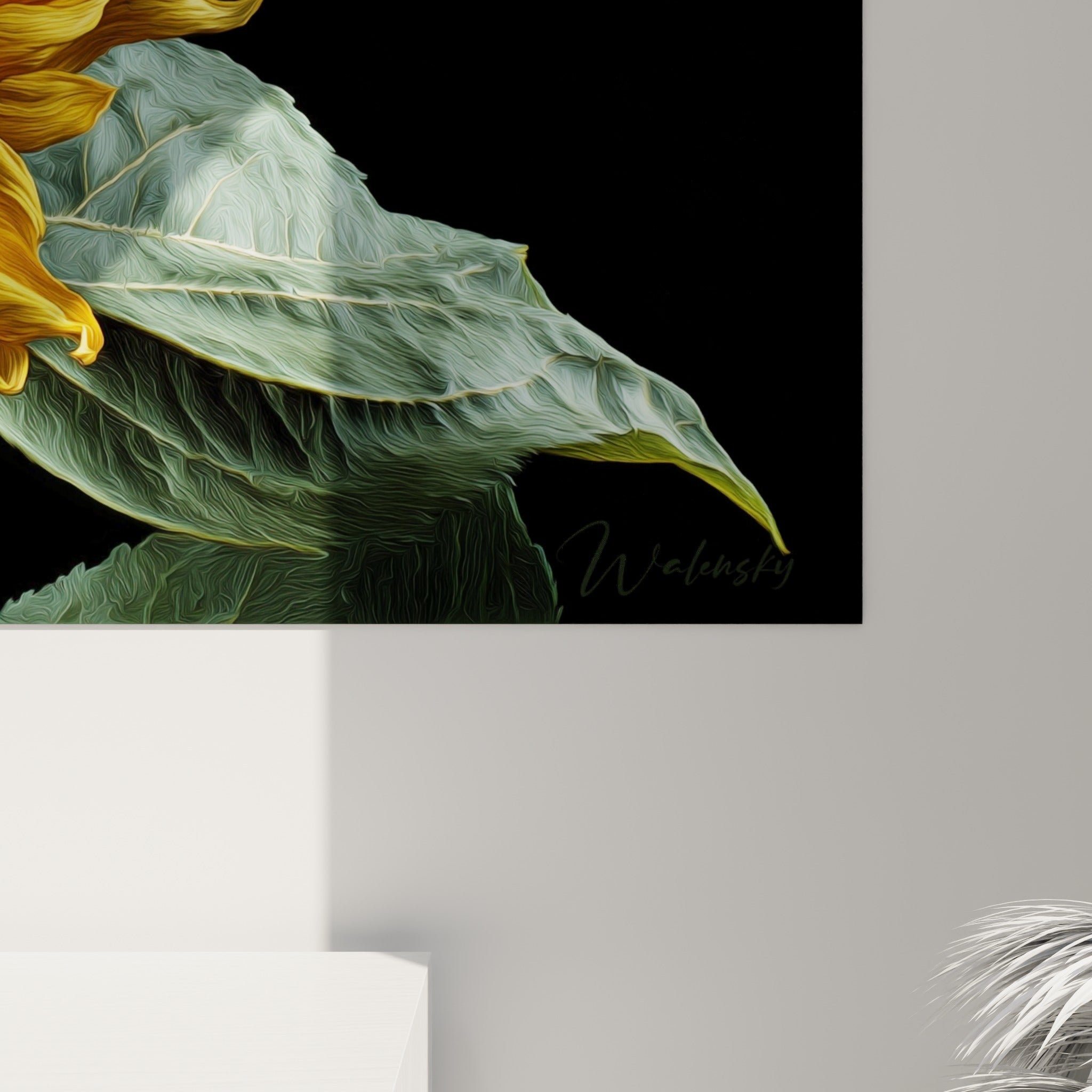 Empâtements dorés et bruns du tournesol révèlent la matière picturale et les coulures de lumière
