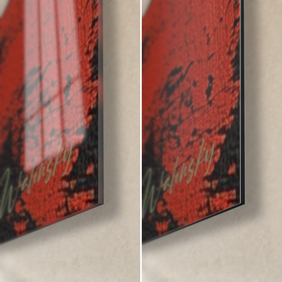 Gemälde Sonnenblume auf rotem Putz, untere rechte Ecke: glänzendes Acrylglas mit Reflexen, mattschwarzes Dibond, 3 mm Kante