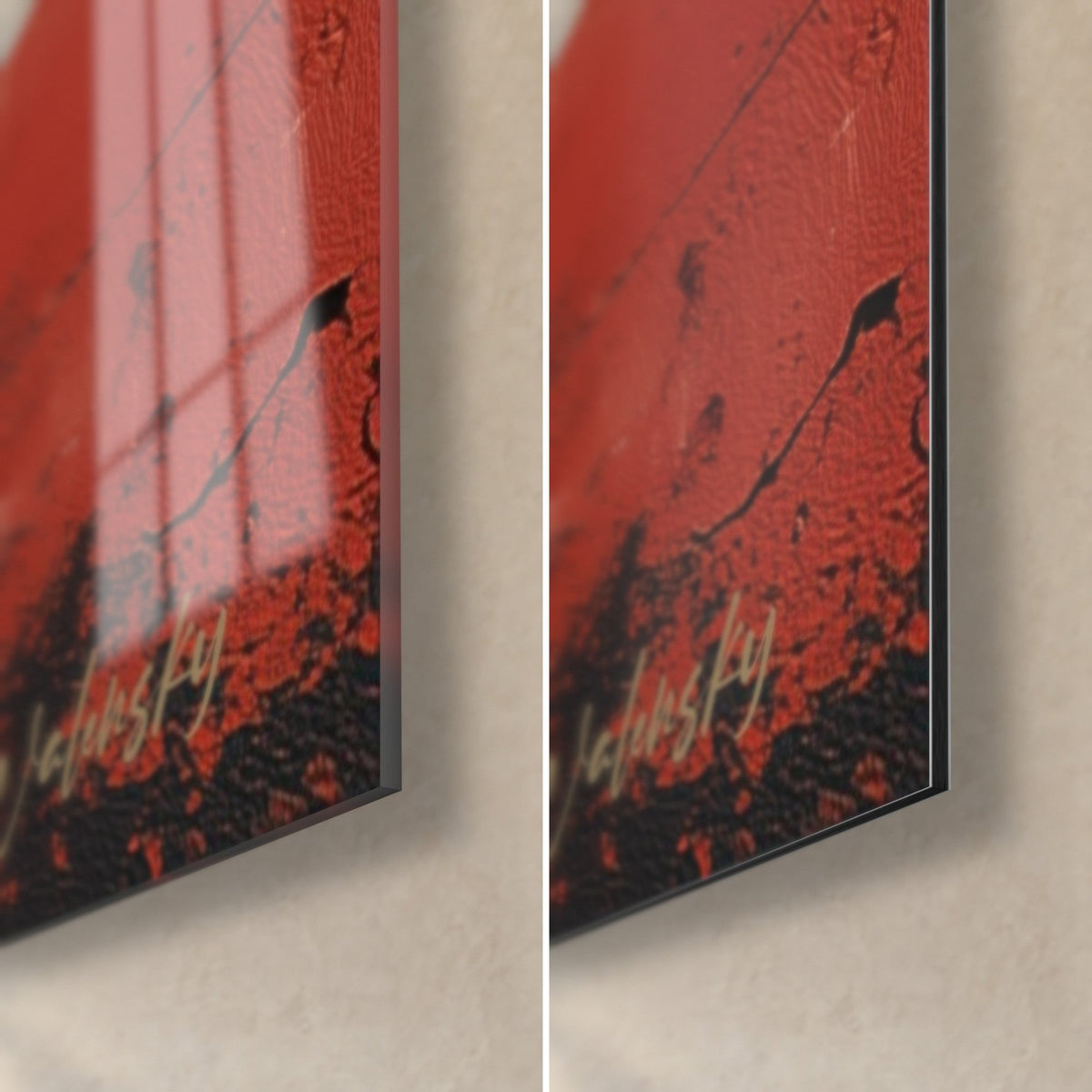 Gemälde Sonnenblume in Gelb und abgenutzte rote Wand, glänzende Glasecke unten rechts links, mattes Dibond rechts, 3 mm Kante