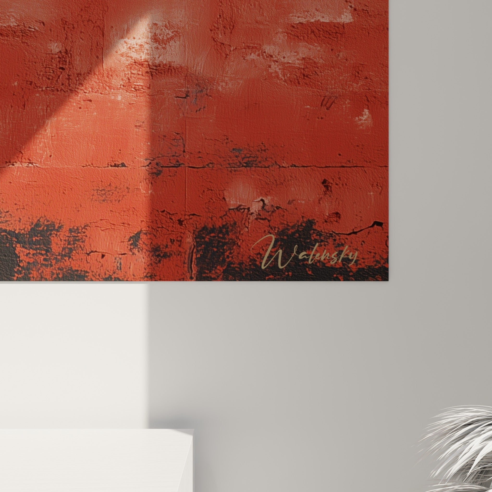 Grain du mur rouge et empâtements jaunes visibles de près sur cette toile du tournesol