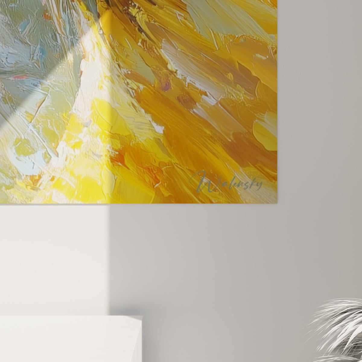 Empâtements épais de peinture jaune et brune formant les pétales de tournesols et les cheveux au vent