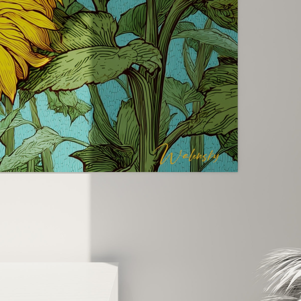 Détail des pétales jaunes et du grain turquoise texturé de ce tableau tournesol accroché