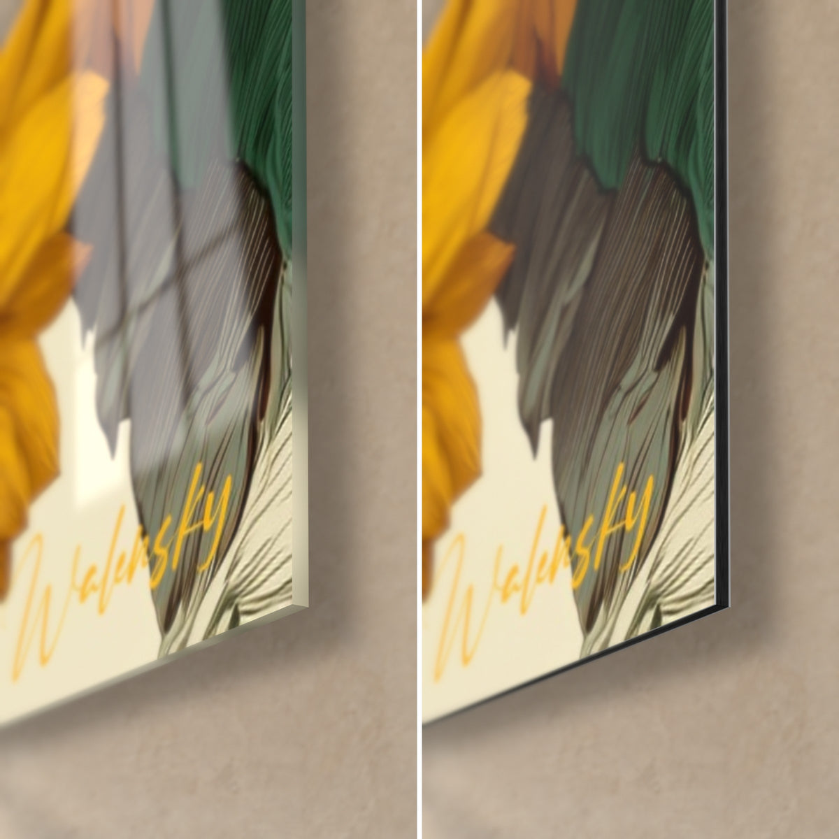 Wall art sunflower field, bottom right corner, glossy acrylic glass on the left, matte Dibond aluminium on the right, 3 mm edge