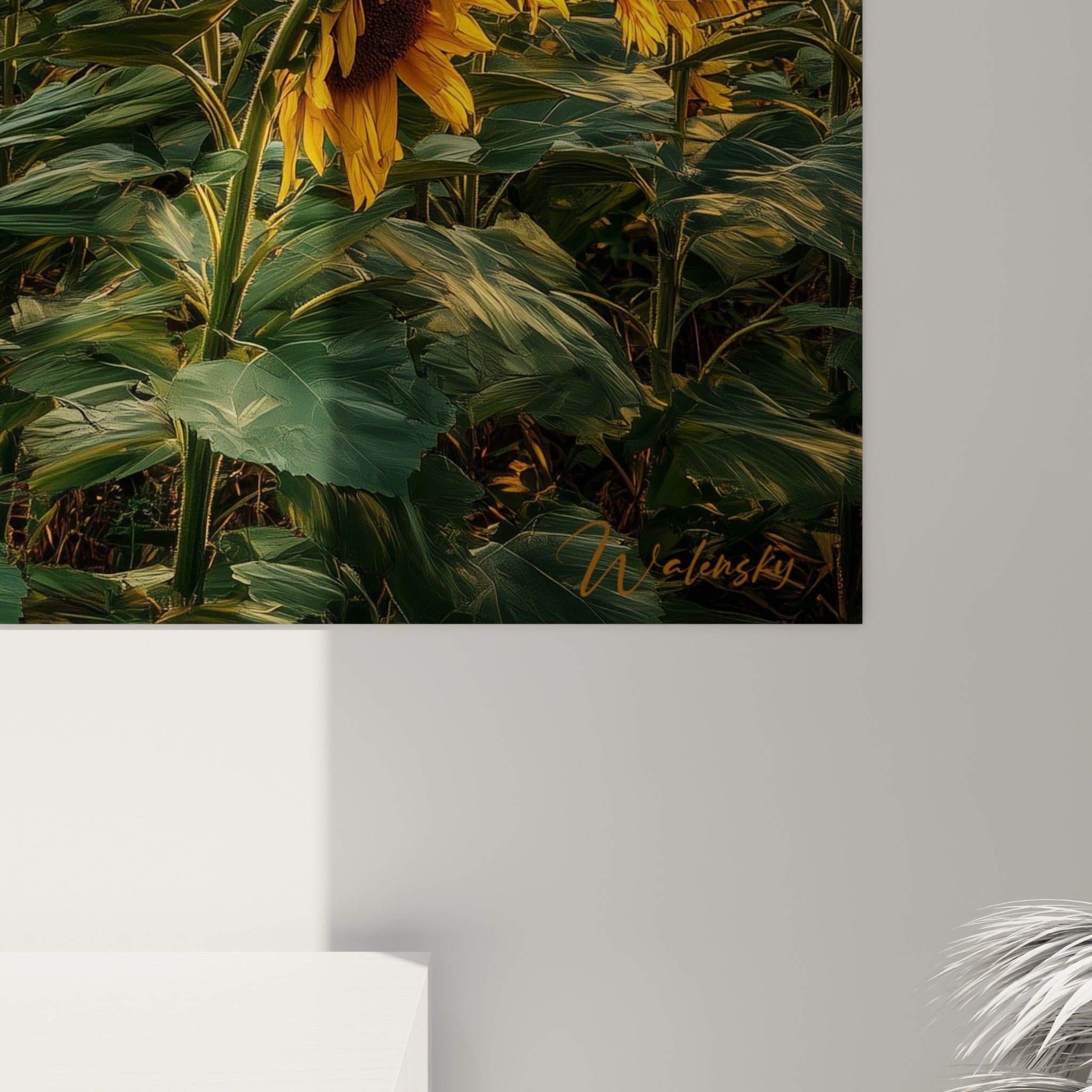 Pétales jaune moutarde et cœurs bruns texturés du tournesol, grain et lumière rasante visibles de près