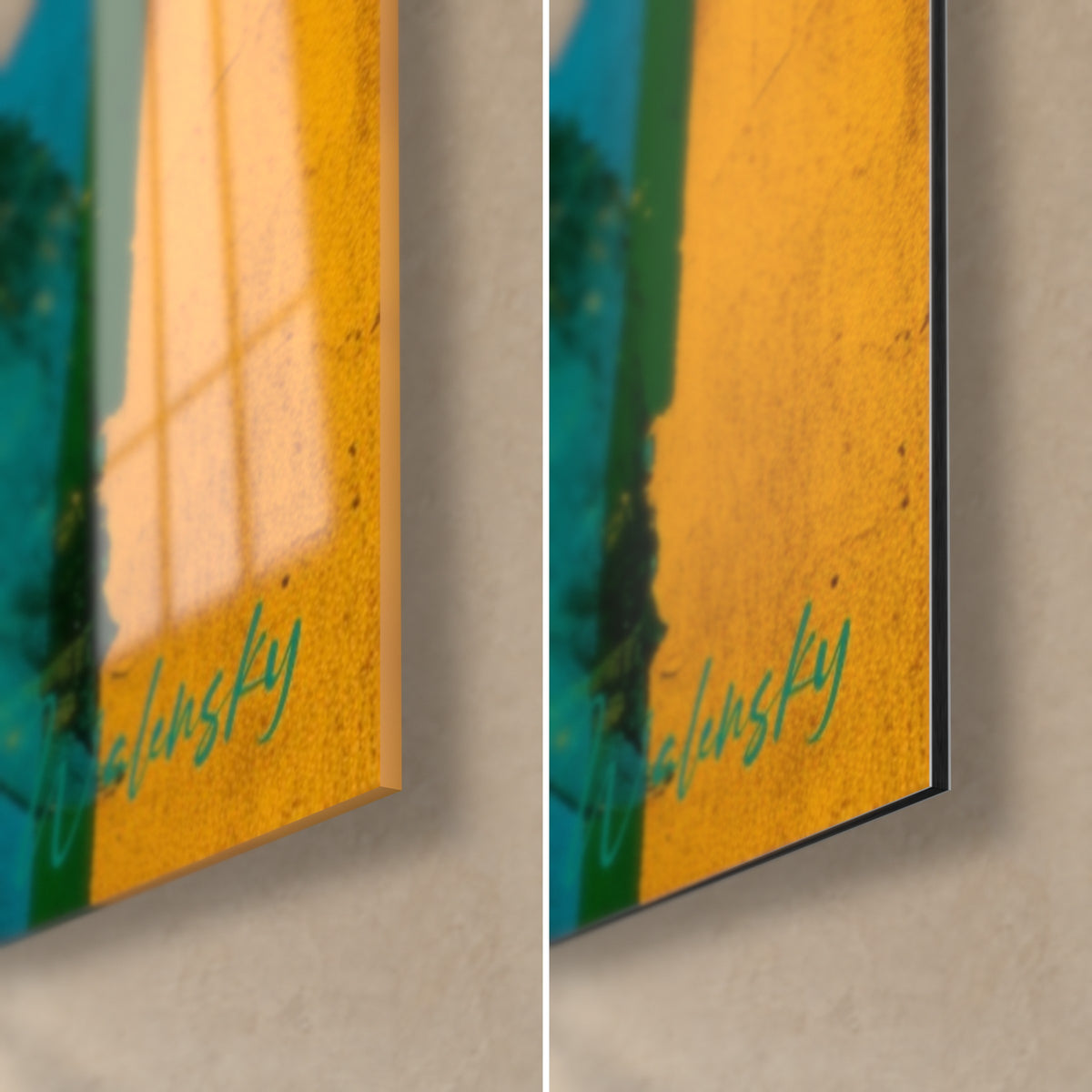 Tableau tournesol aux pétales jaunes, coin bas droit : verre brillant à reflets et Dibond mat orange, signature verte, tranche de 3 mm