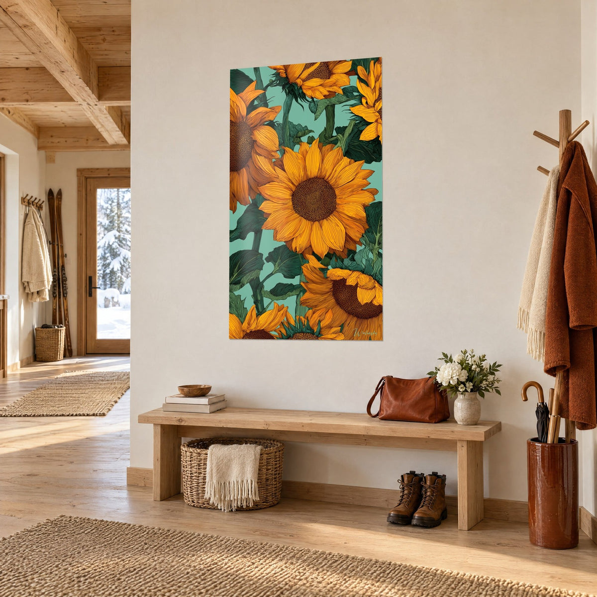 Schilderij amberkleurige zonnebloemen met granaatbruin hart, dennengroen blad, opgehangen naast een houten bank in een chalet