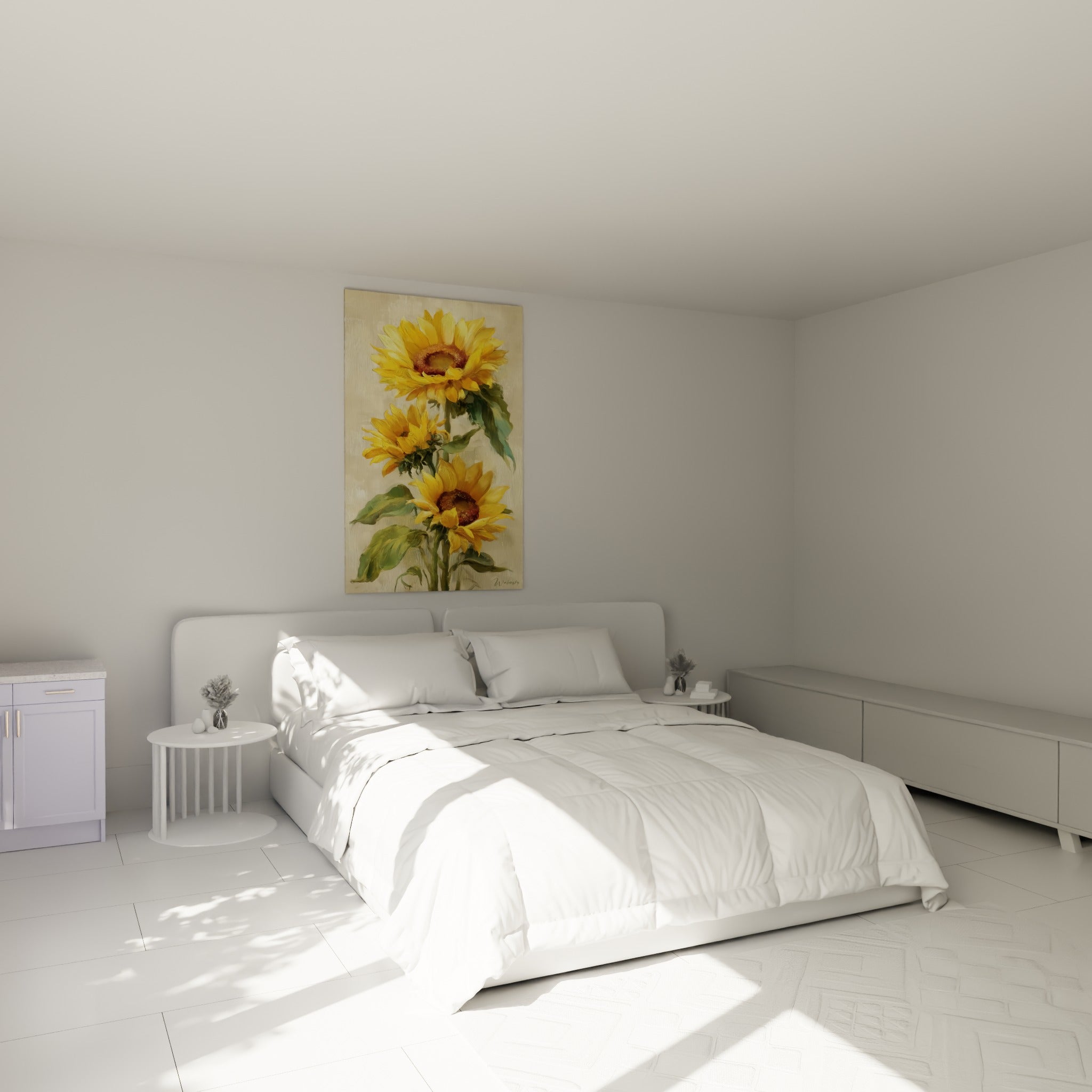 Bouquet de tournesols dorés et verts accroché au-dessus d'un lit dans une chambre claire