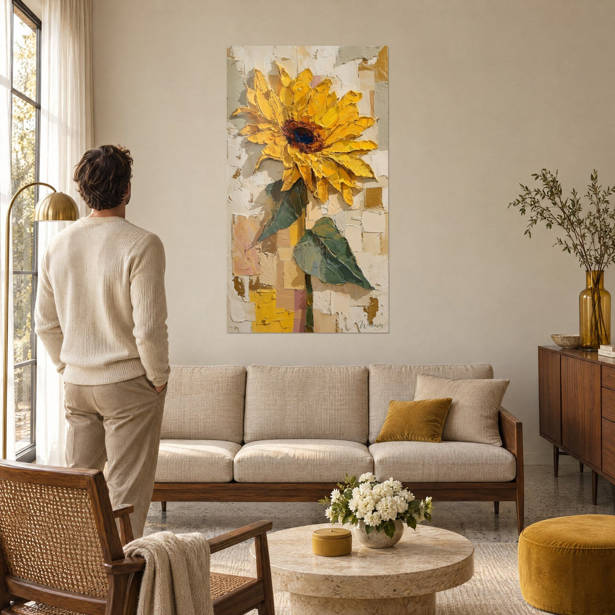 Quadro girasole con petali spessi giallo oro, centro marrone e blu navy, sfondo avorio, sopra un divano in un soggiorno luminoso