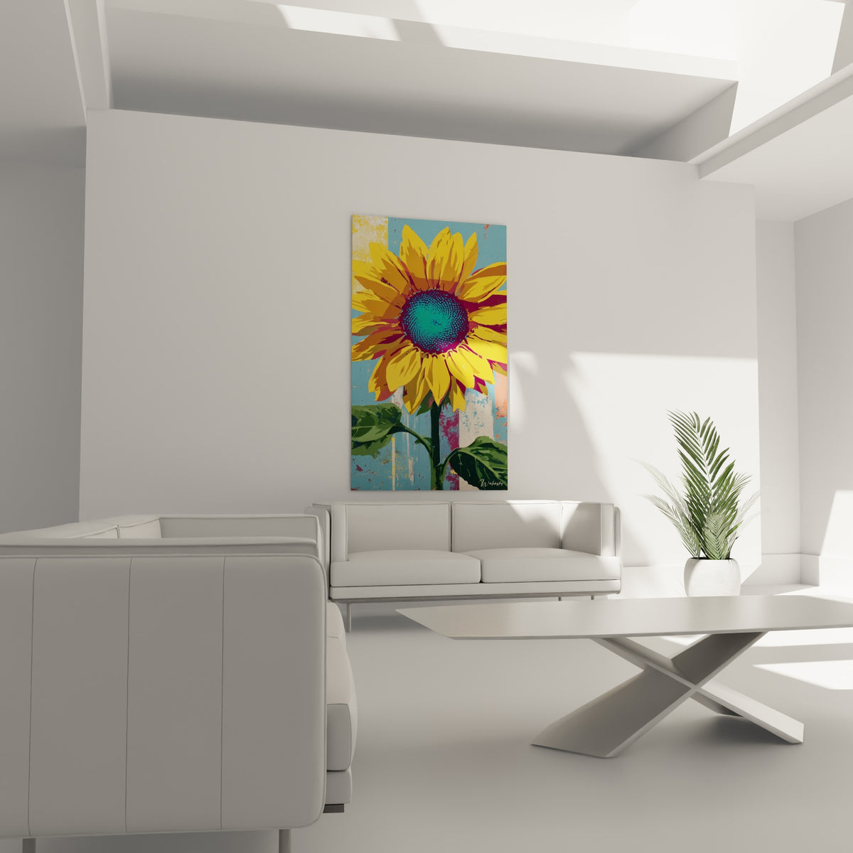 Tournesol éclatant jaune et vert olive suspendu au-dessus d'un canapé dans un salon lumineux