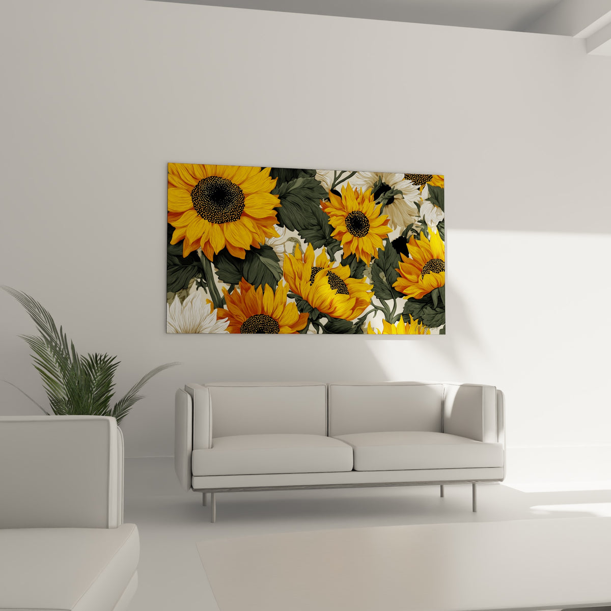 Fleurs de tournesol dorées et feuillage vert profond au-dessus d'un canapé dans un salon lumineux