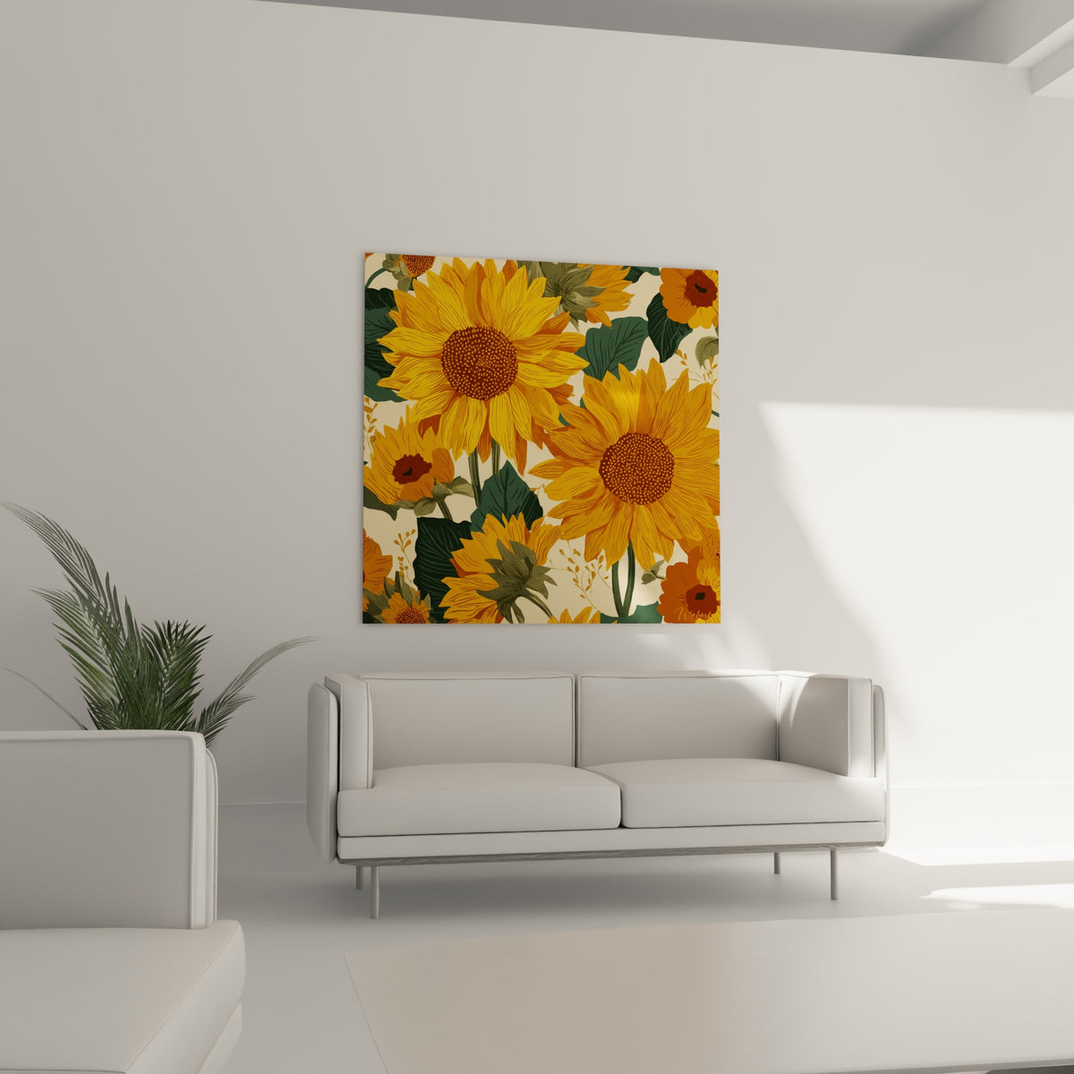 Fleurs de tournesol jaune vif et feuillage vert foncé placées au-dessus d'un canapé dans un salon lumineux