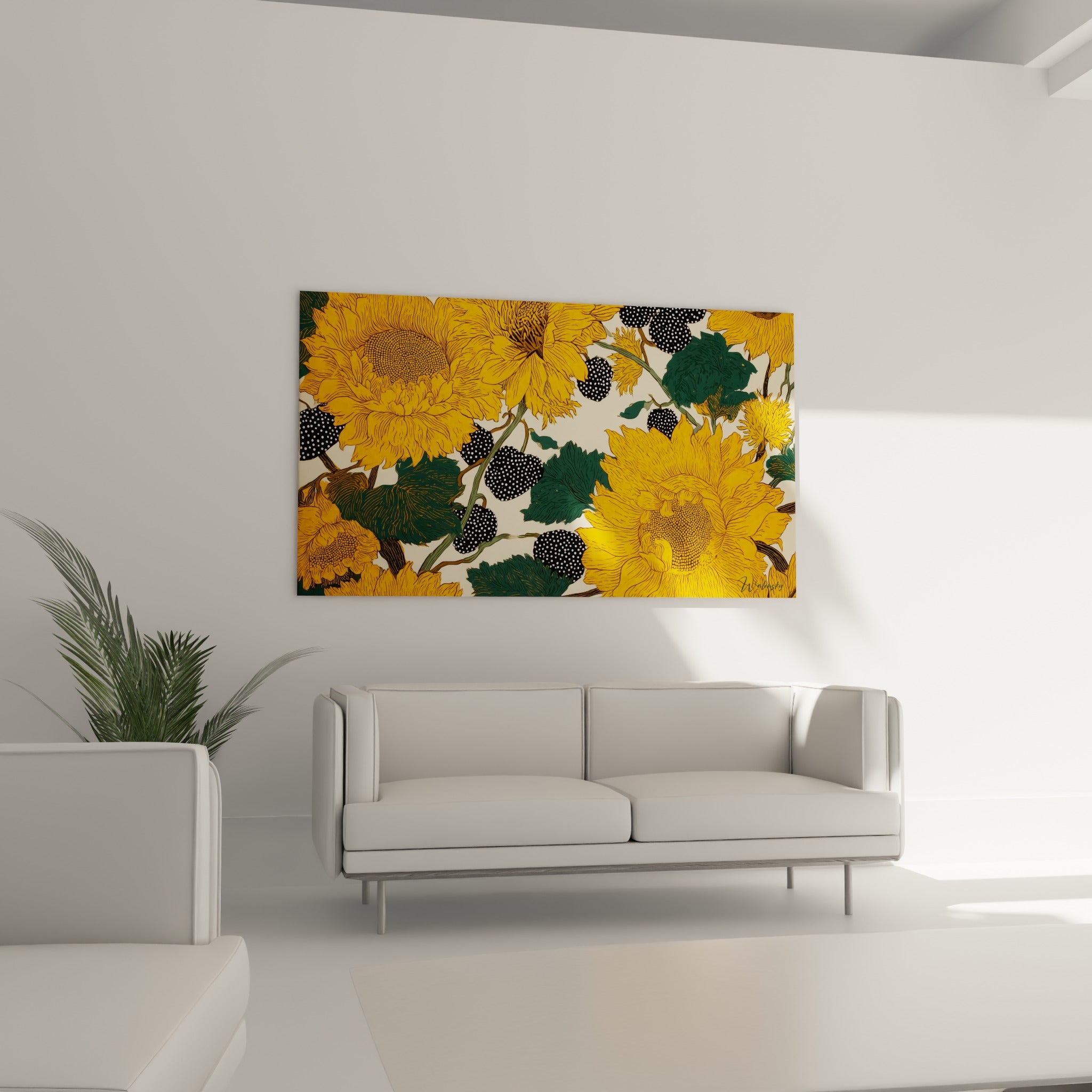 Pétales dorés et feuillages vert sapin d'un tableau tournesol au-dessus d'un canapé dans un salon lumineux
