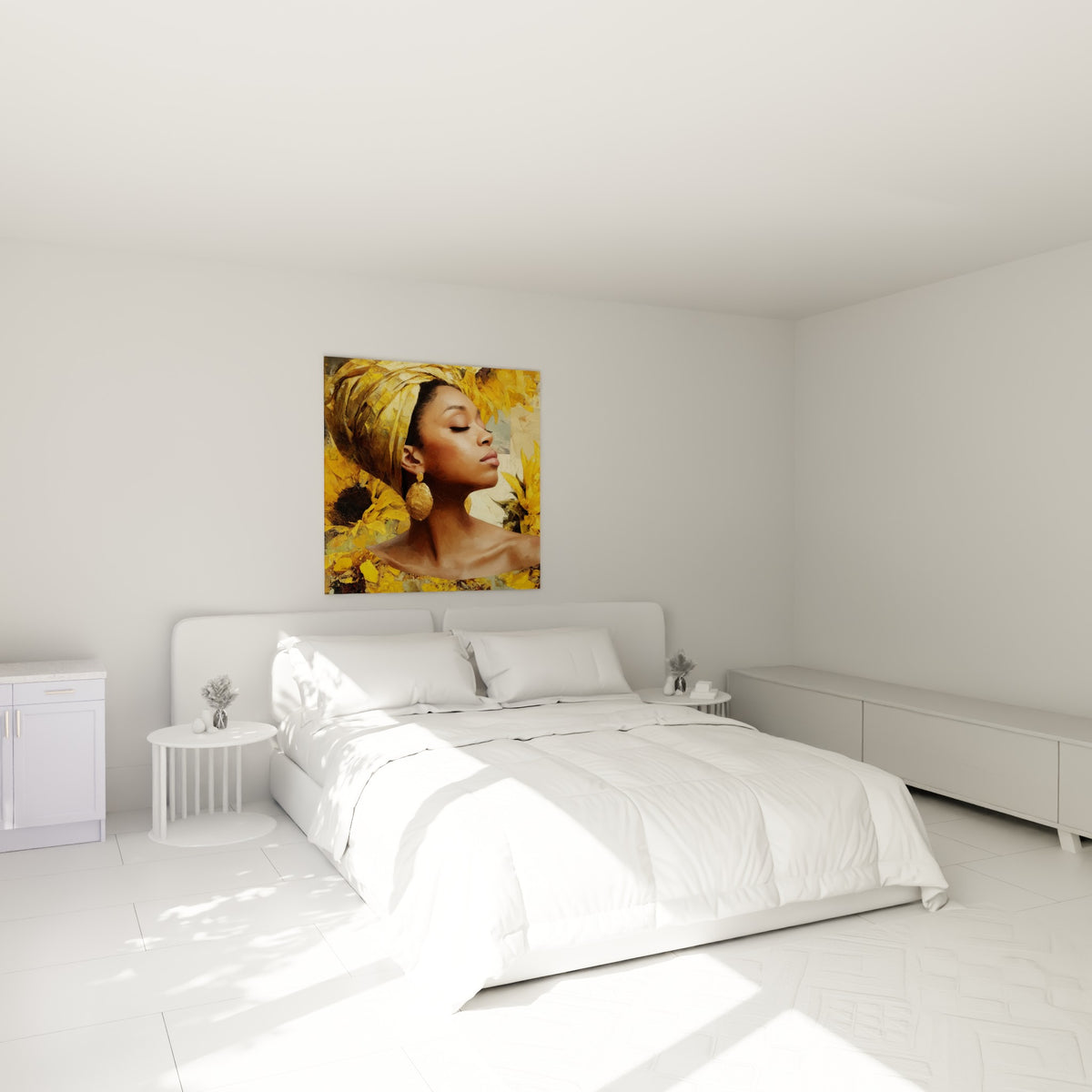 Visage serein cerné de tournesols dorés et jaune moutarde, au-dessus d'un lit dans une chambre claire