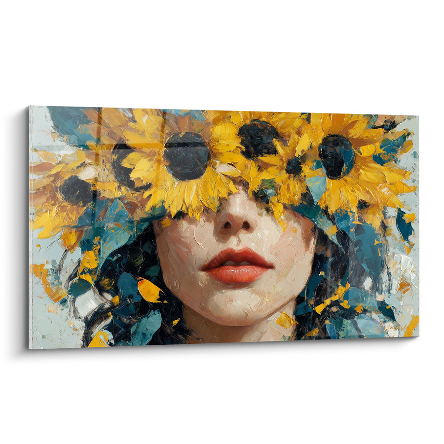 Tableau Visage voilé de tournesols jaunes et bleus - Mystère fleuri - Edition Tournesol