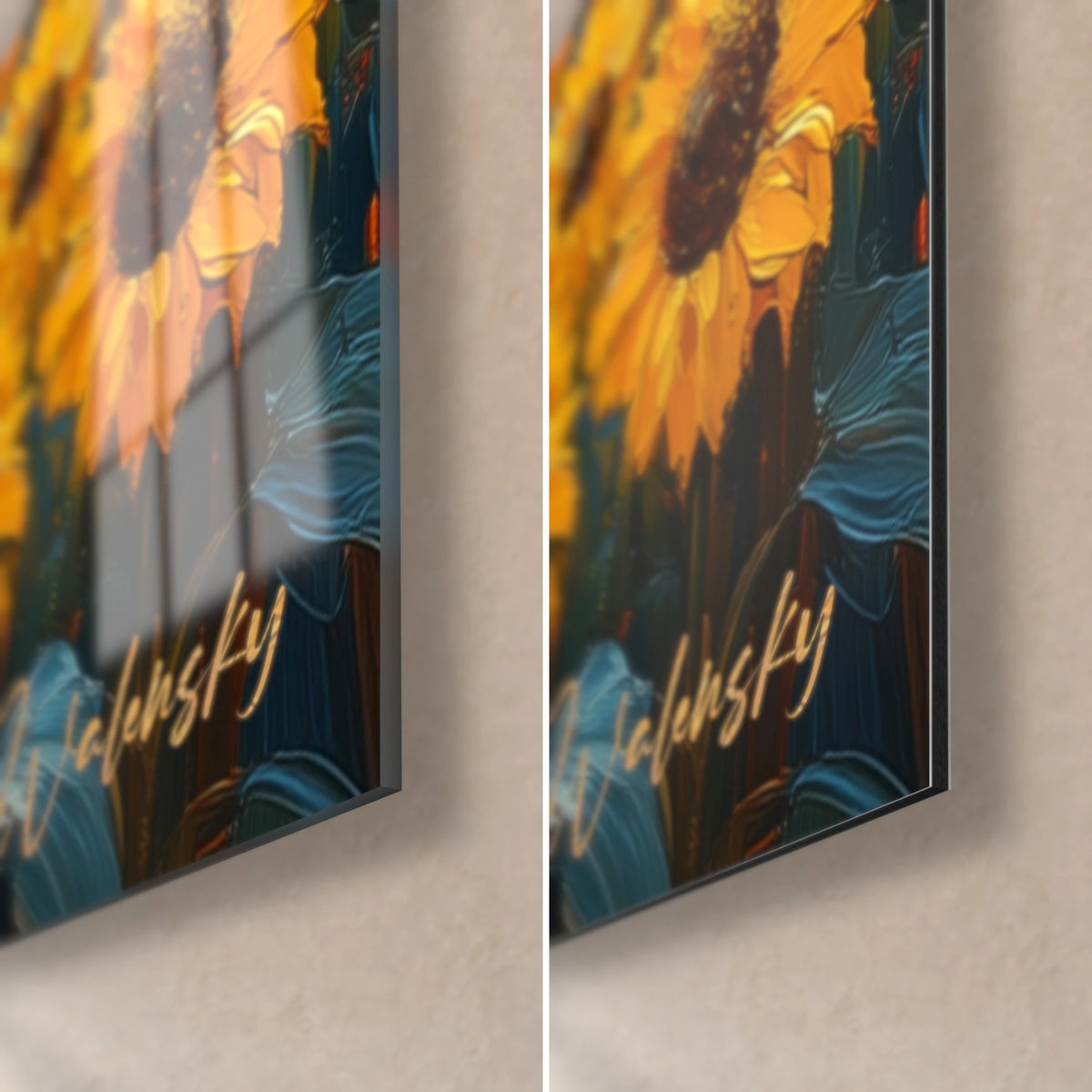 Tableau tournesols en peinture à l'huile, coin bas droit : verre acrylique brillant et reflets à gauche, alu Dibond mat à droite, tranche 3 mm