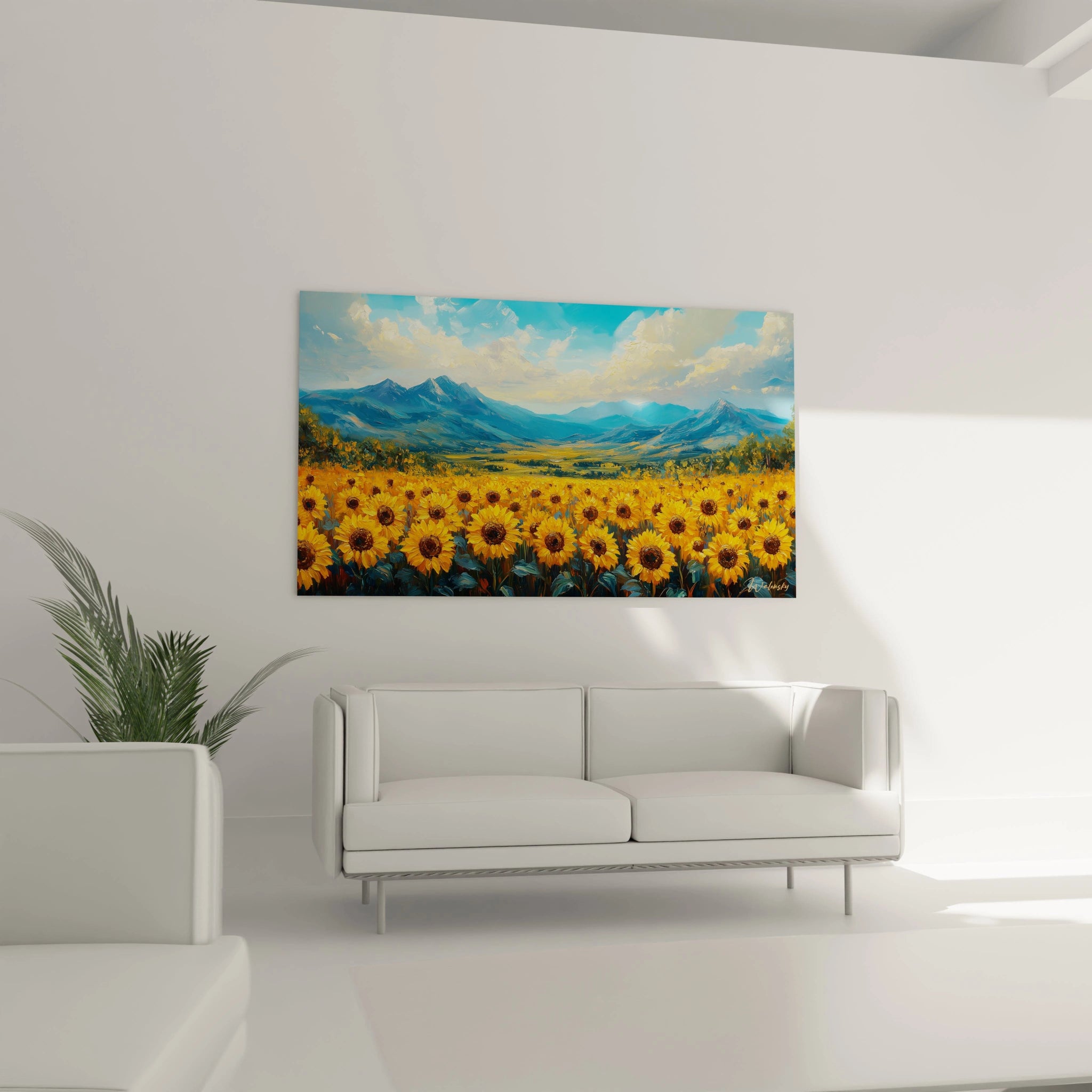 Tableau artistique montrant des tournesols aux pétales jaune vif et centres bruns face à des montagnes bleues avec des nuages blancs et dorés dans un style impressionniste texturé
