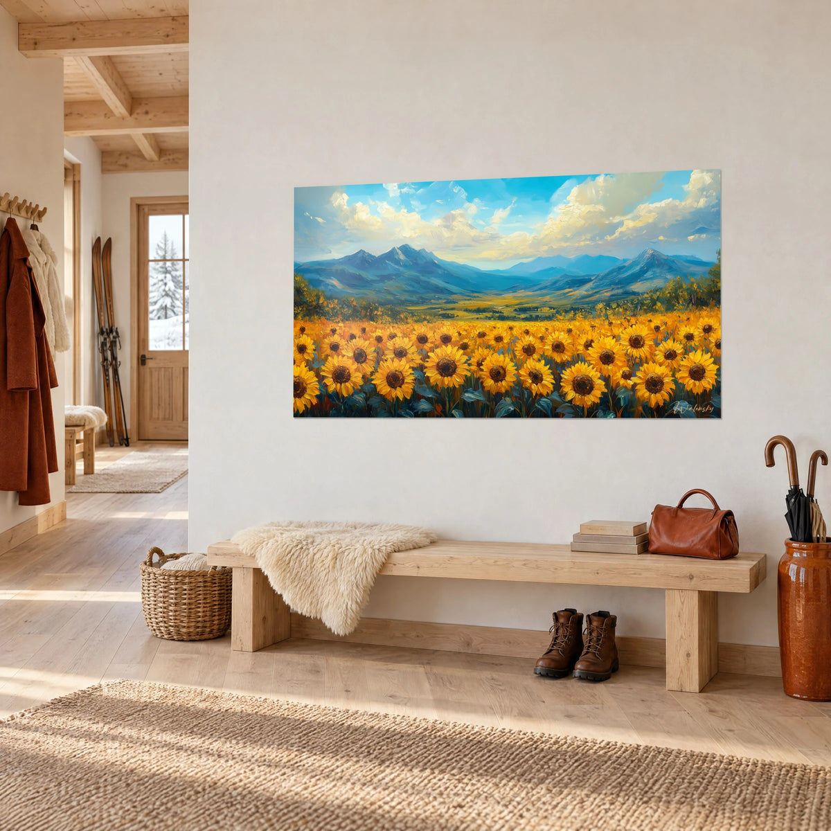 Tableau prairie solaire hérissée de corolles ambrées, montagnes bleu acier et nuages crème, accroché près d'un banc en bois clair du chalet