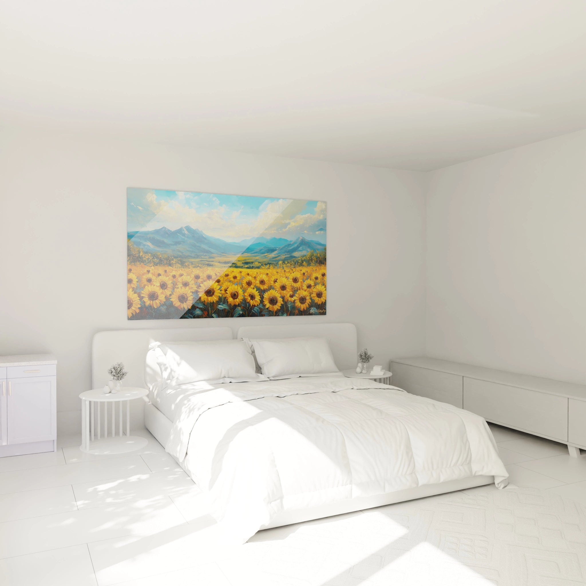 Tableau montagne présentant des rangées de tournesols dorés devant une chaîne alpine aux sommets enneigés dans des tons bleus et gris avec une végétation verte intermédiaire
