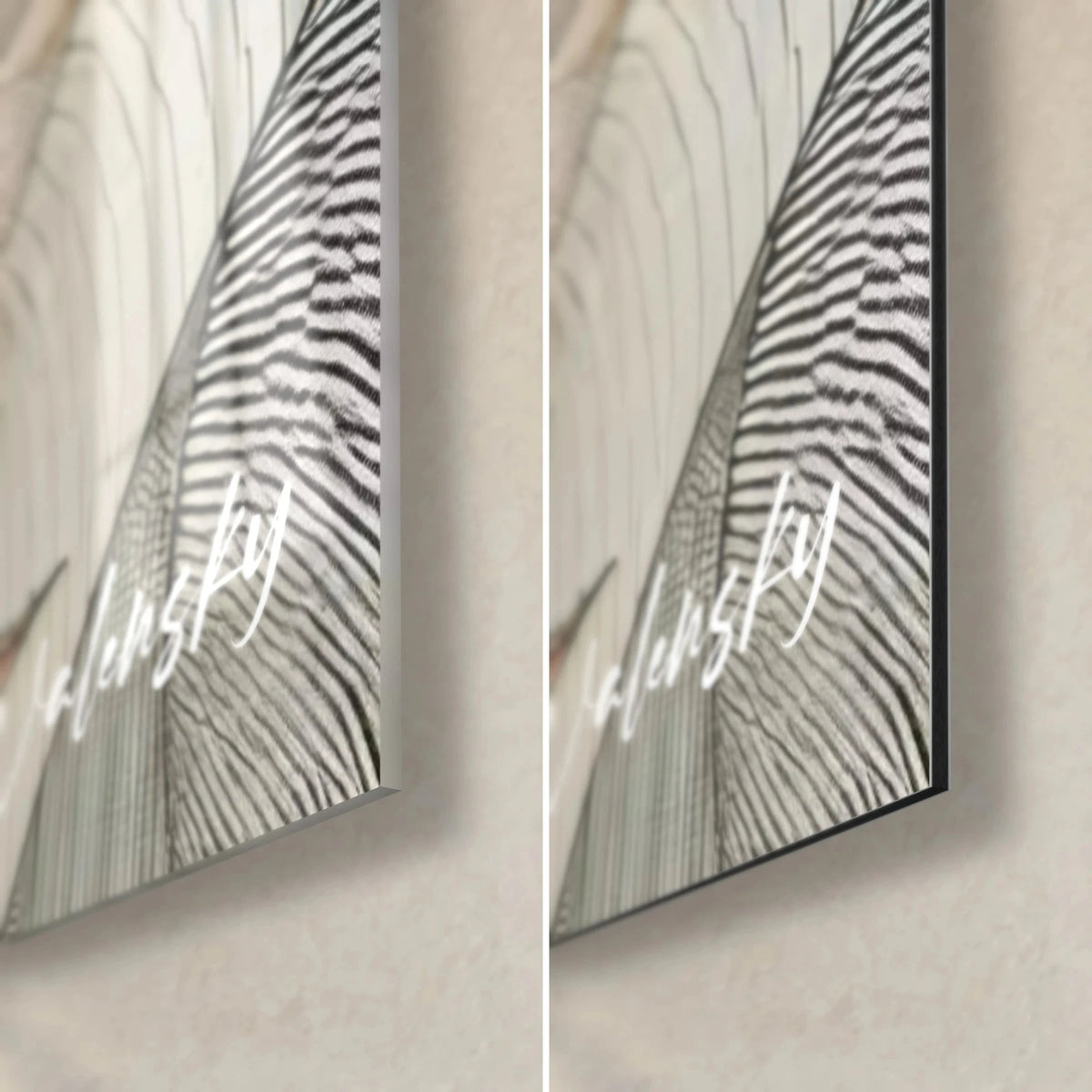 Tableau feuilles aux nervures noires, coin bas droit : verre acrylique brillant reflétant, alu Dibond mat beige, tranche 3 mm