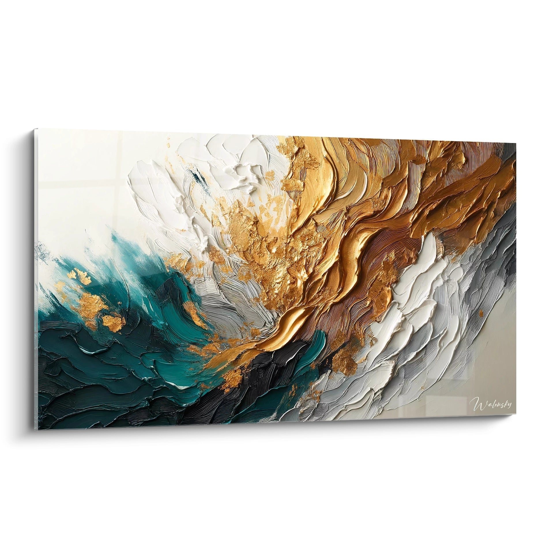 Un tableau abstrait composé de formes ondulées en relief, avec des teintes or, vert émeraude, blanc cassé et gris, et des effets de texture épaisse et striée.

