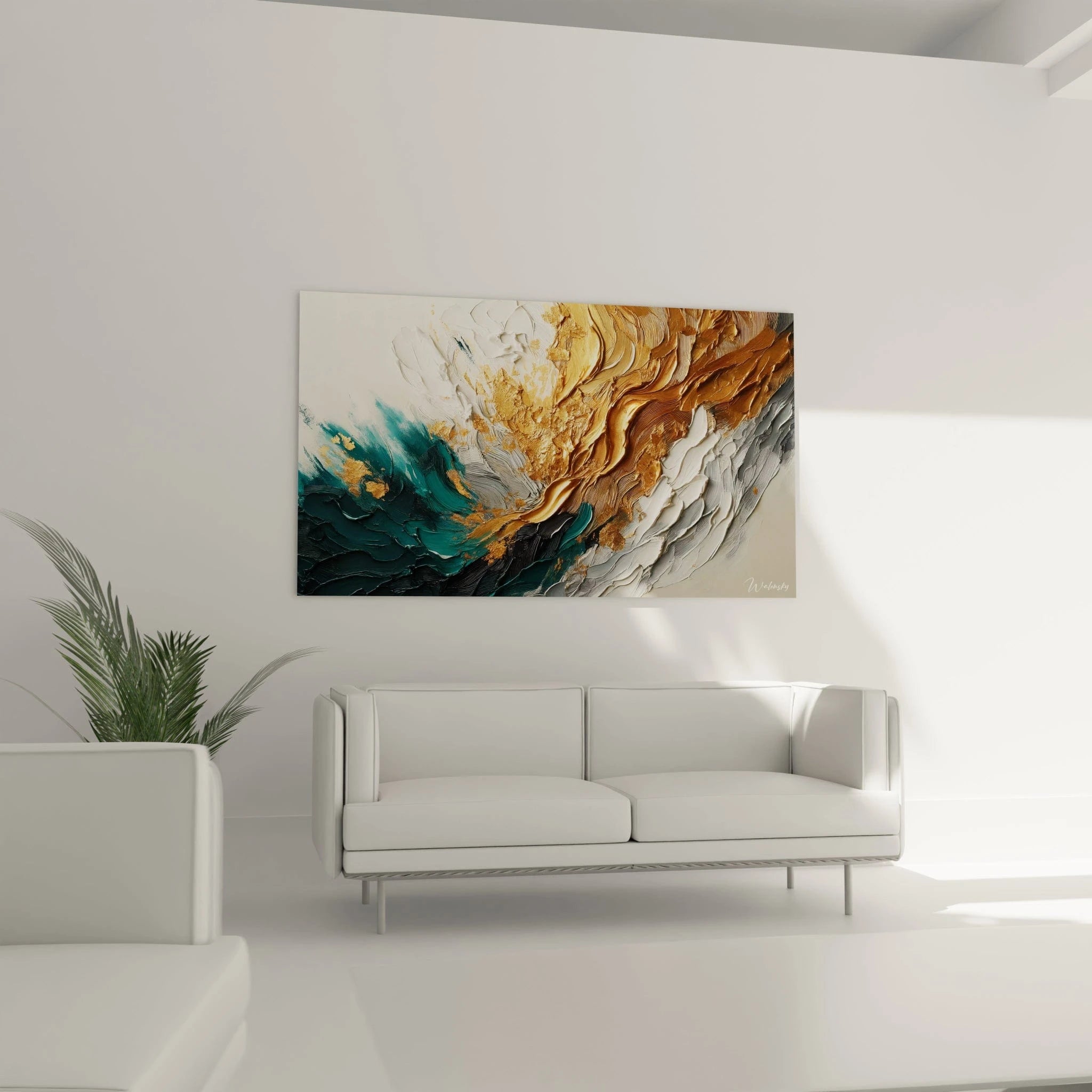 Un tableau abstrait réalisé avec des empâtements dorés, blancs, verts et gris, présentant des couches épaisses, des stries visibles et des éclats de matière dorée.

