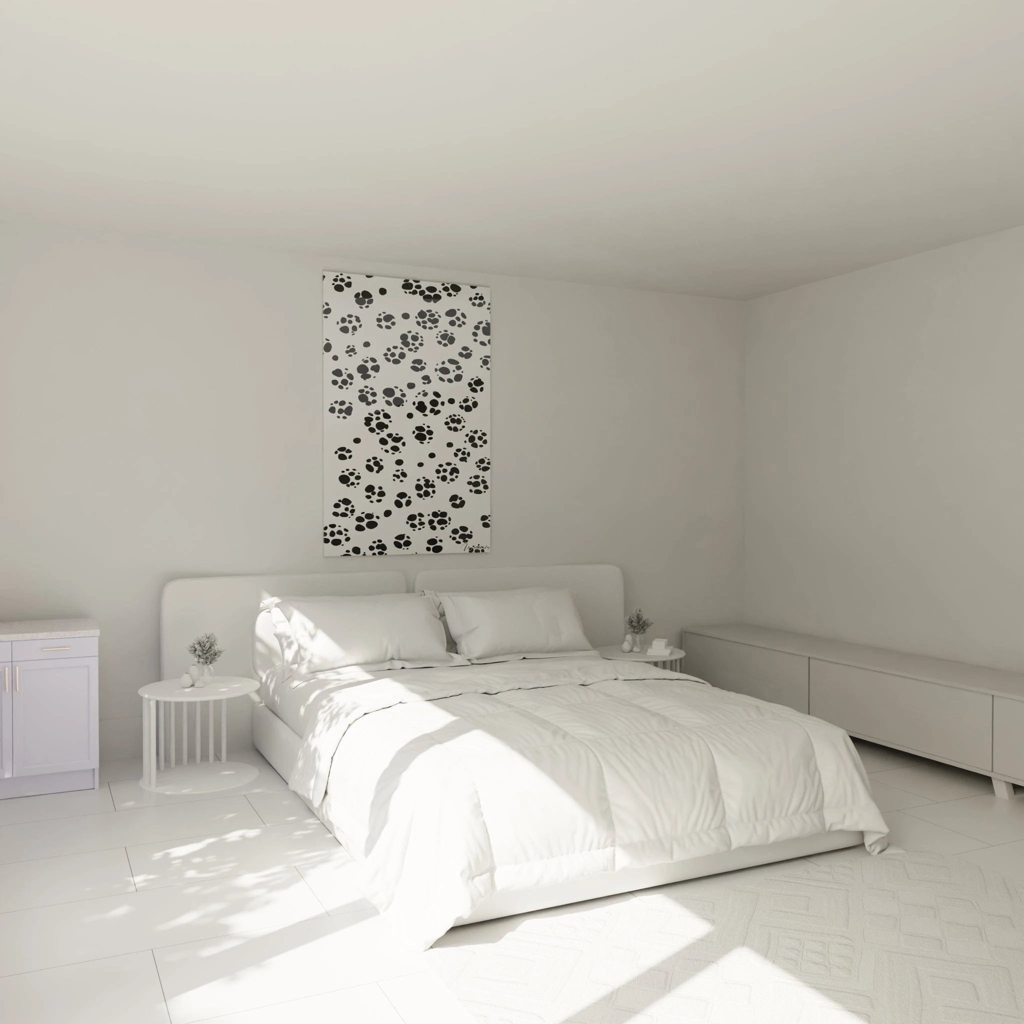 Tableau tacheté noir et blanc Walensky accroché dans une chambre lumineuse et moderne