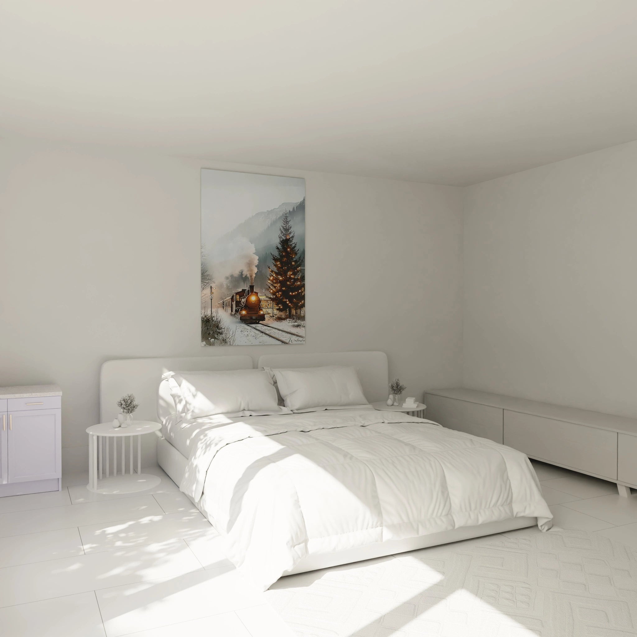 Tableau mural train hiver de Walensky, décorant une chambre moderne avec une ambiance chaleureuse