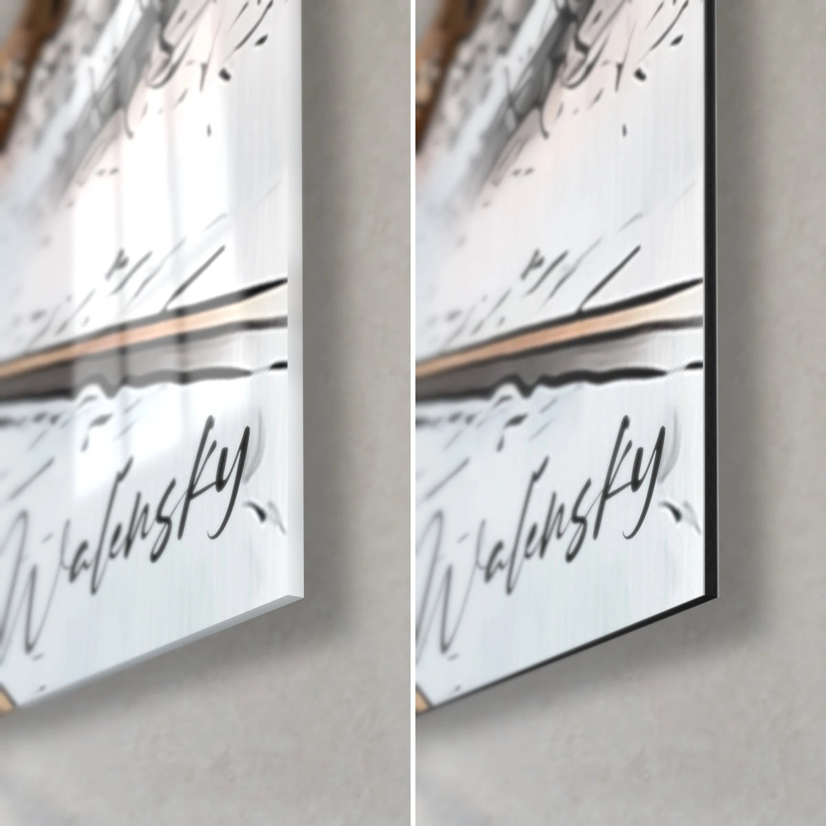Quadro di locomotiva vintage, firma Walensky nera in basso a destra, vetro acrilico lucido riflettente e Dibond bianco opaco, spessore 3 mm