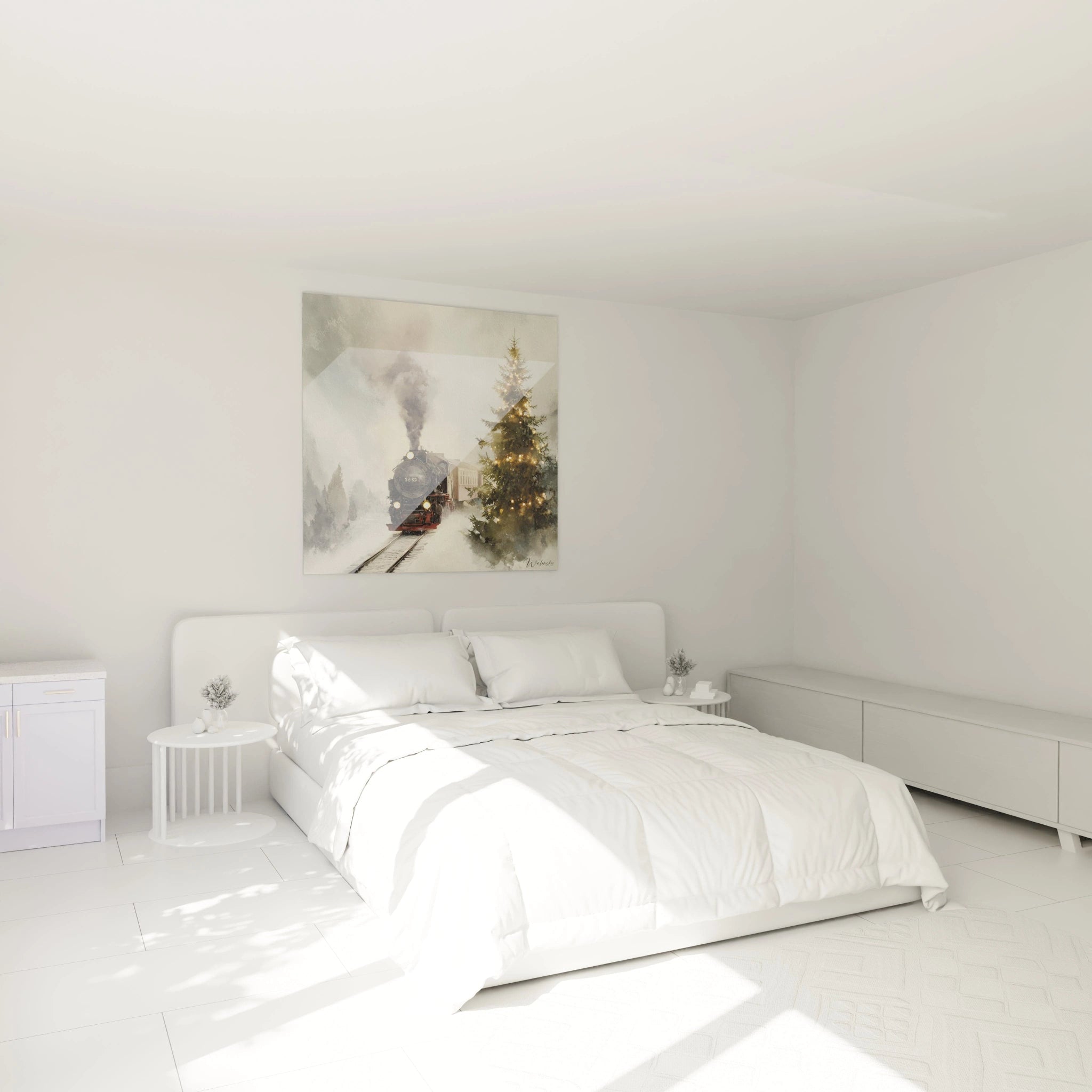 Tableau mural train express Noël sur un mur blanc dans une chambre lumineuse