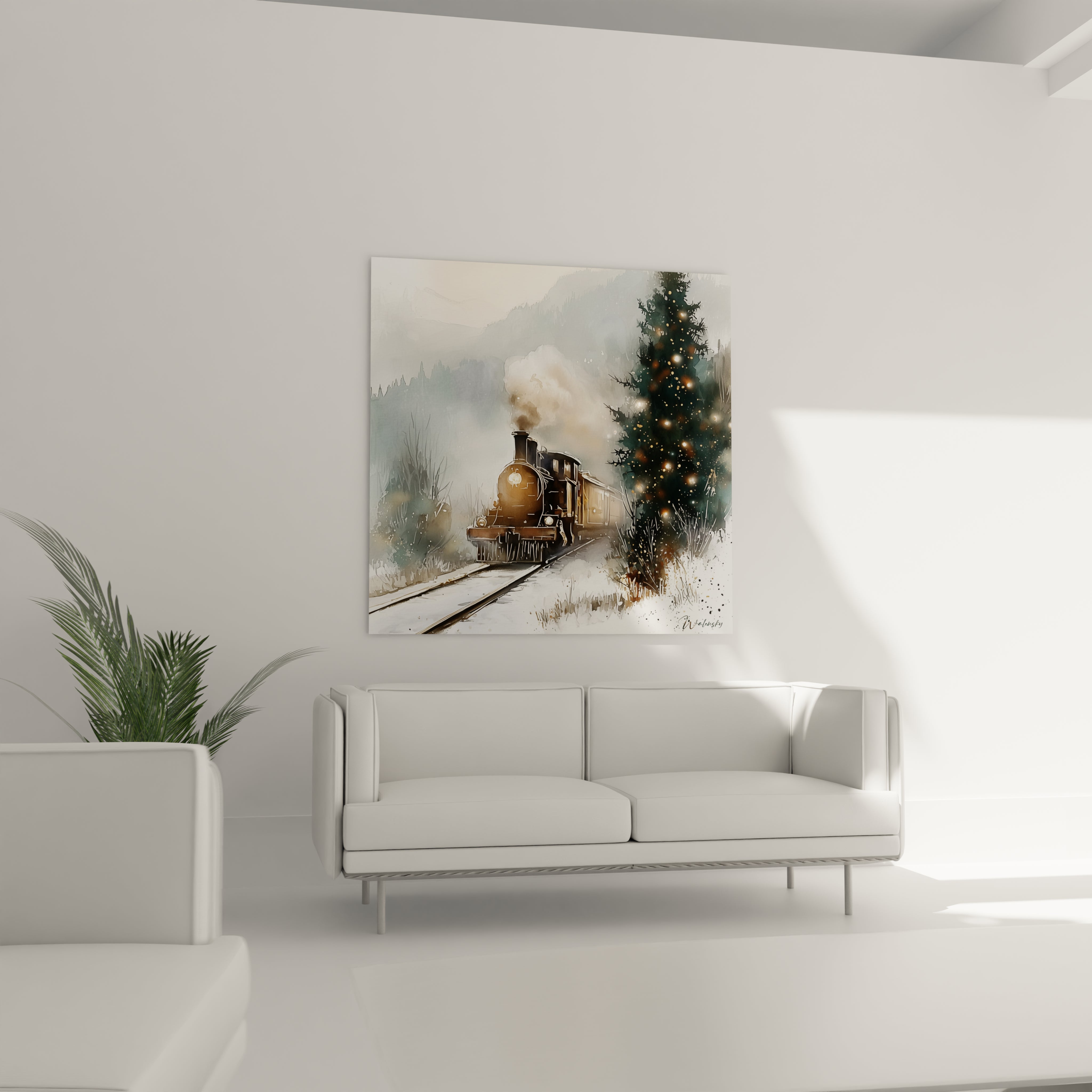 Tableau mural train express Noël avec un train à vapeur et un arbre décoré dans un paysage hivernal